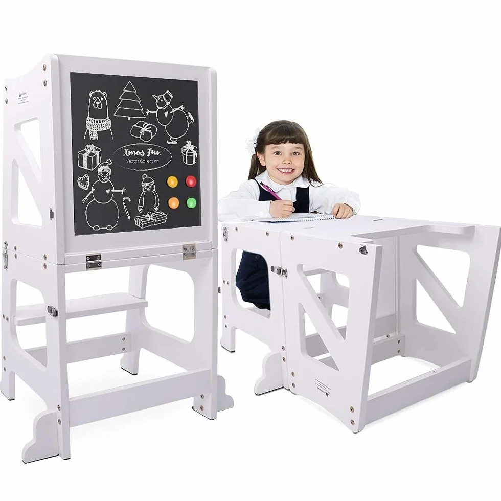 YOLEO Torre Montessoriana Bambini 3 in 1 Pieghevole Multifunzionale Learning Tower con Lavagna Magnetica Bifacciale Bianco
