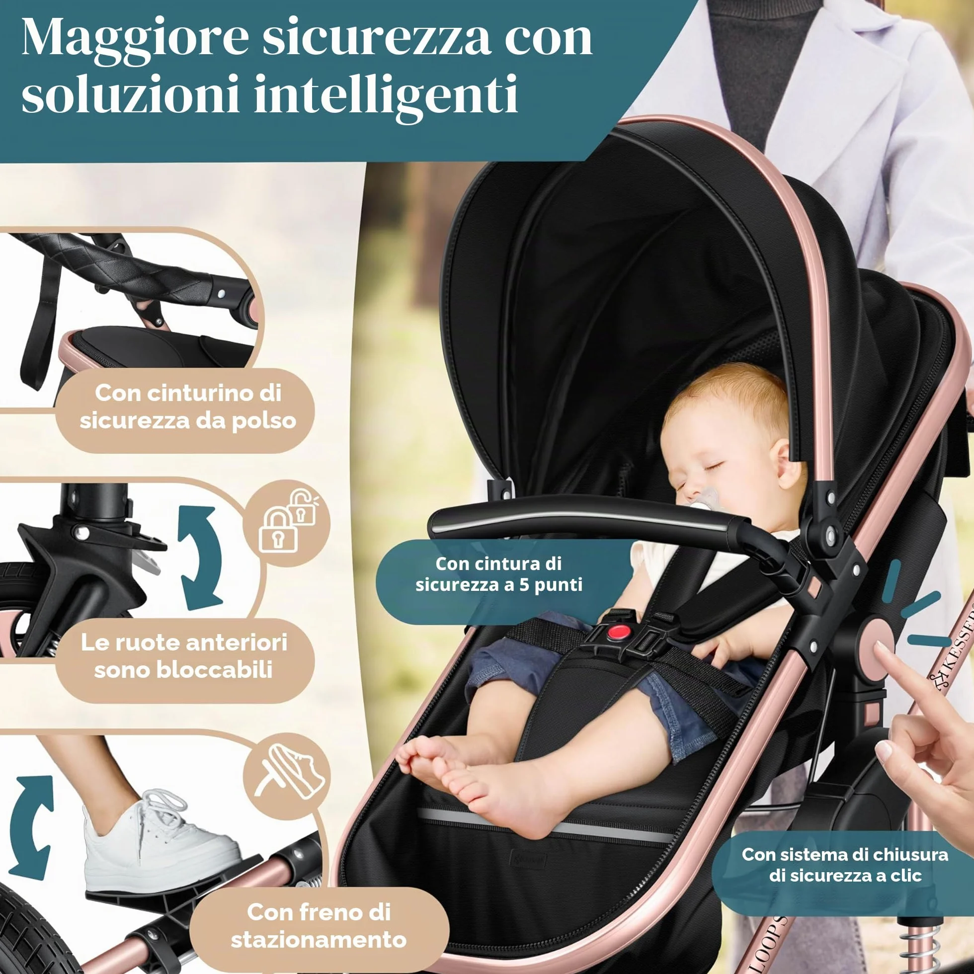KESSER Carrozzina 3in1 Loops, Combinata con navicella, Seggiolino auto, Nero/Oro Rosato