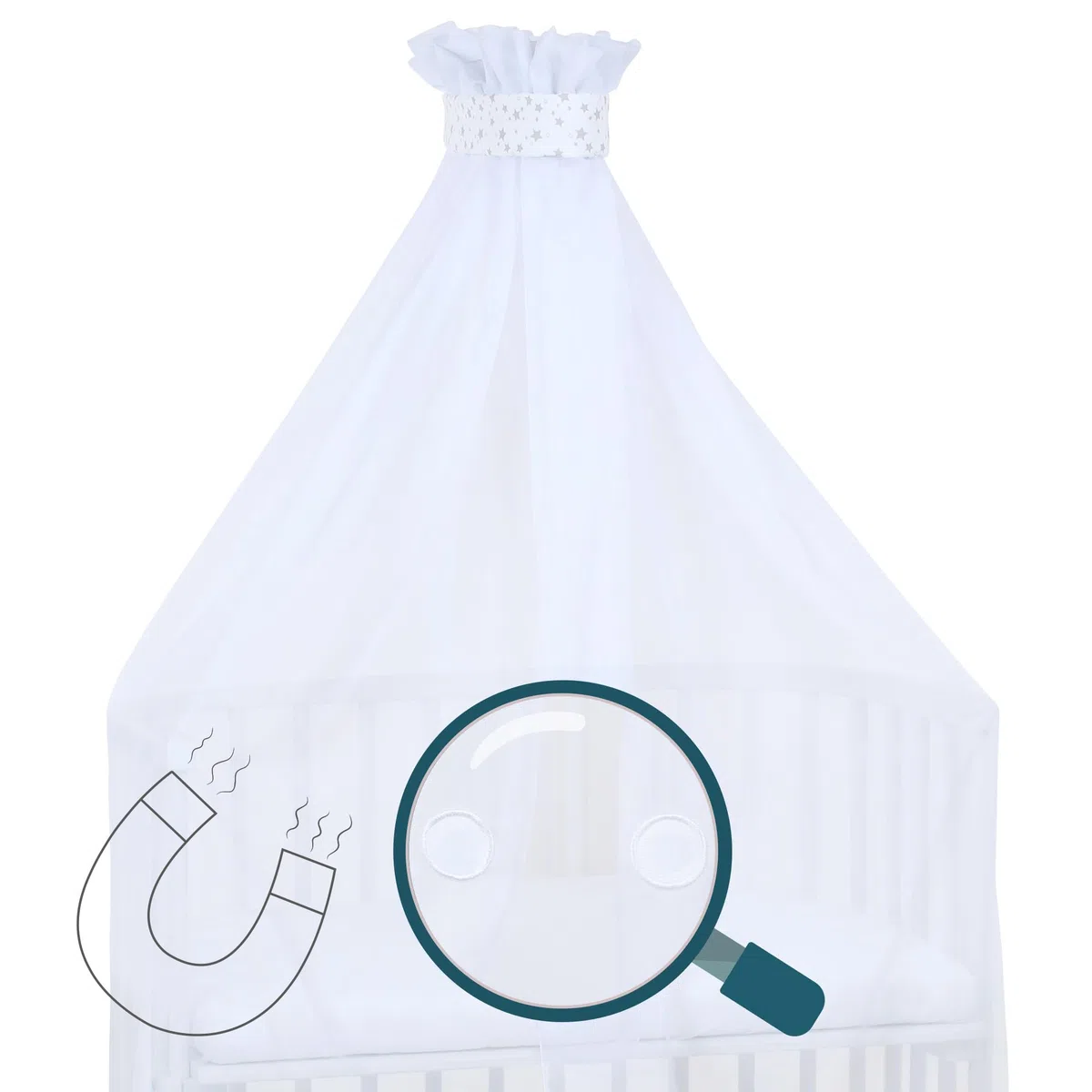 babybay Zanzariera e cielo piqué con nastro adatto per tutti i modelli fino a 96 cm di lunghezza, bianco stelle grigio perla