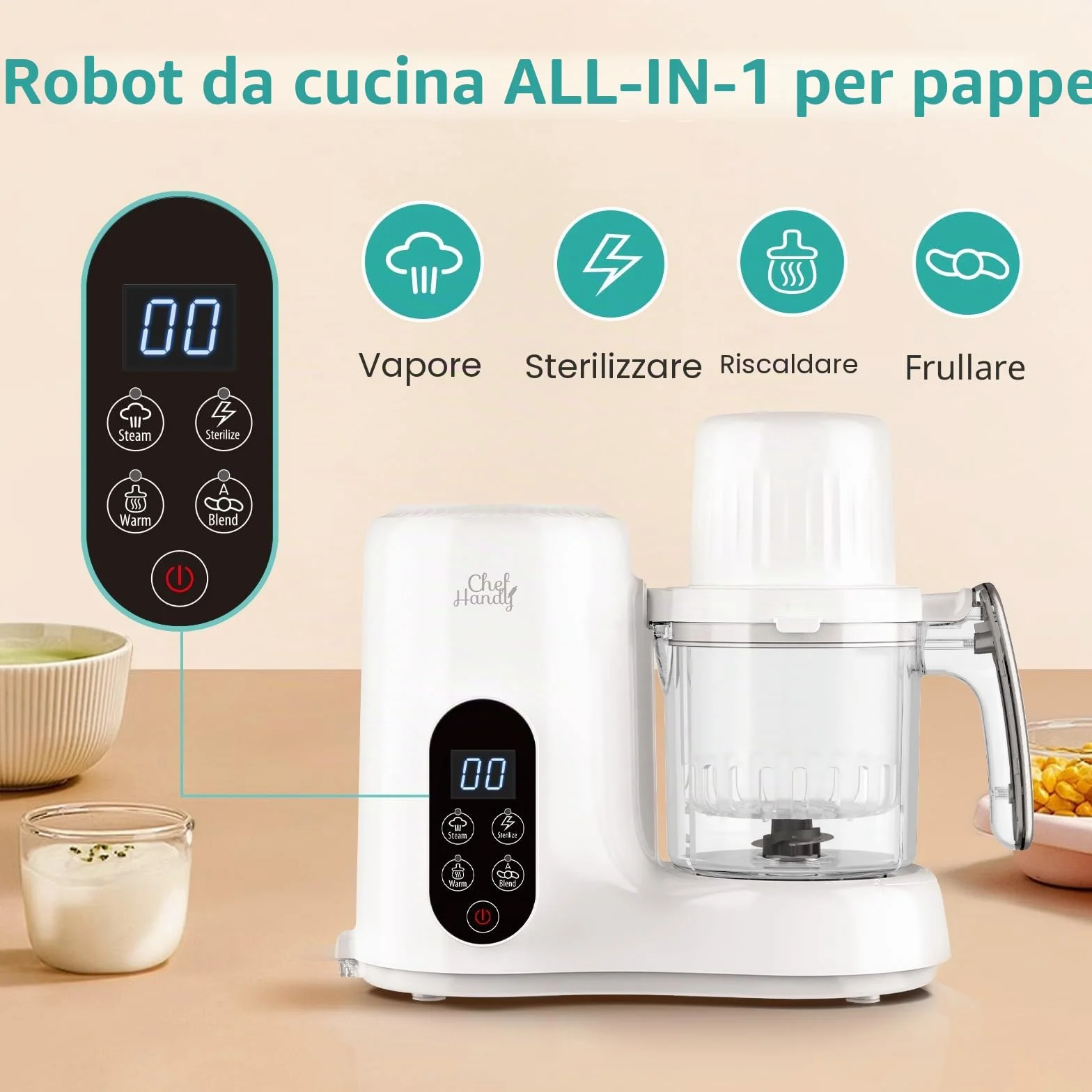 Chefhandy Preparatore 5 in 1 per Alimenti e Porridge per Bambini con Vaporizzatore, Cestello a Vapore, Miscelatore Automatico, Scaldabiberon, Schermo Touch Bianco