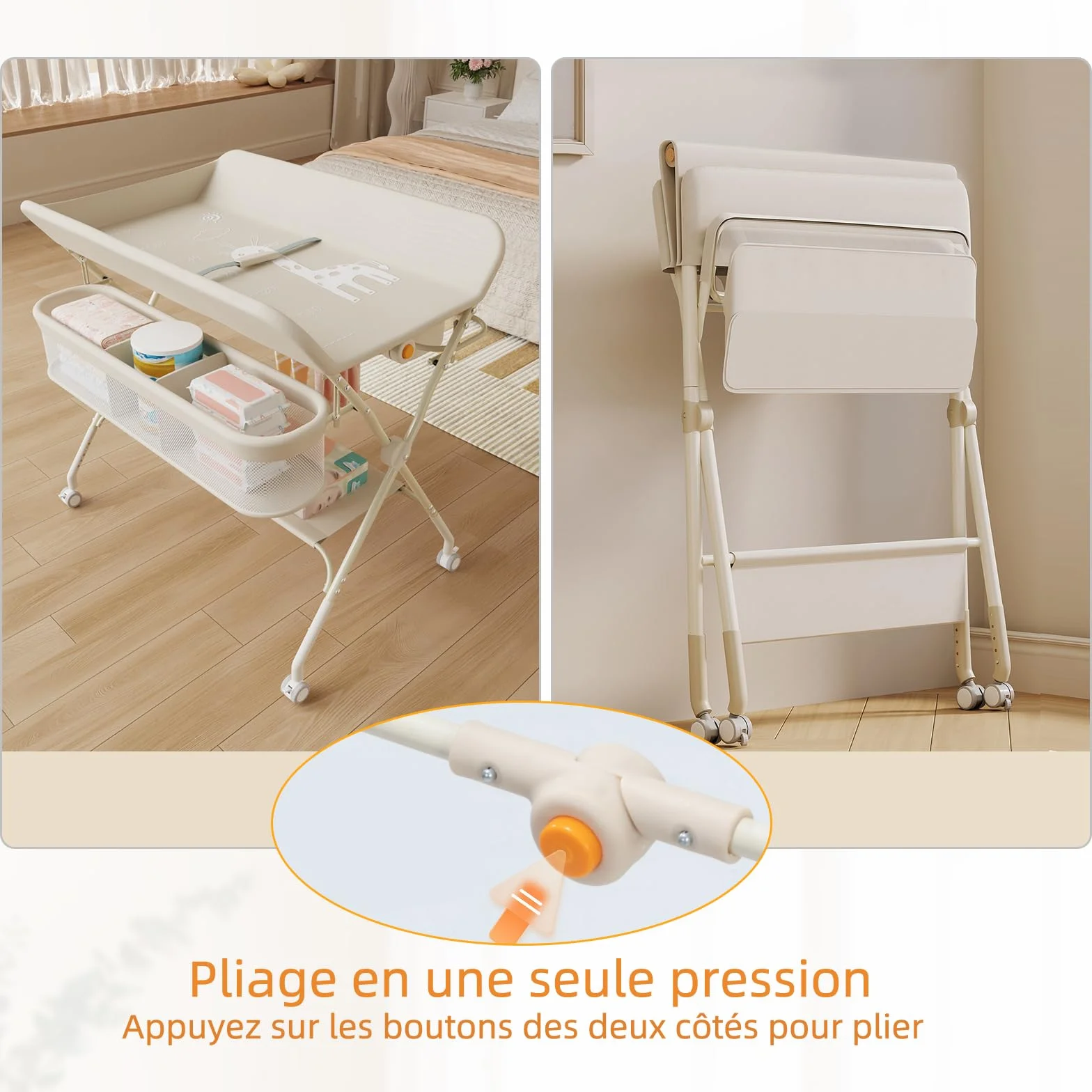 OHMG Fasciatoio pieghevole per Neonati, Tavolo Cambio Pannolini Multifunzionale Portatile, 0-36 Mesi, Organizer per Pannolini, Ruote a 360° Freno, Imbracatura e Protezione di Sicurezza, Lavabile