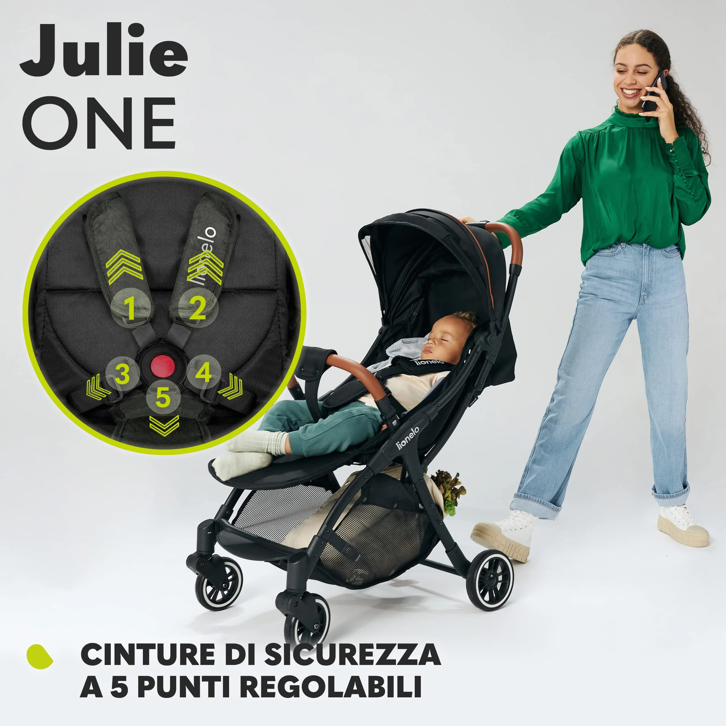 LIONELO Julie One Passeggino leggero pieghevole 0-22 kg Compatto zanzariera coprigambe portabibite borsa Poggiapiedi regolabili schienale sdraiata Nero