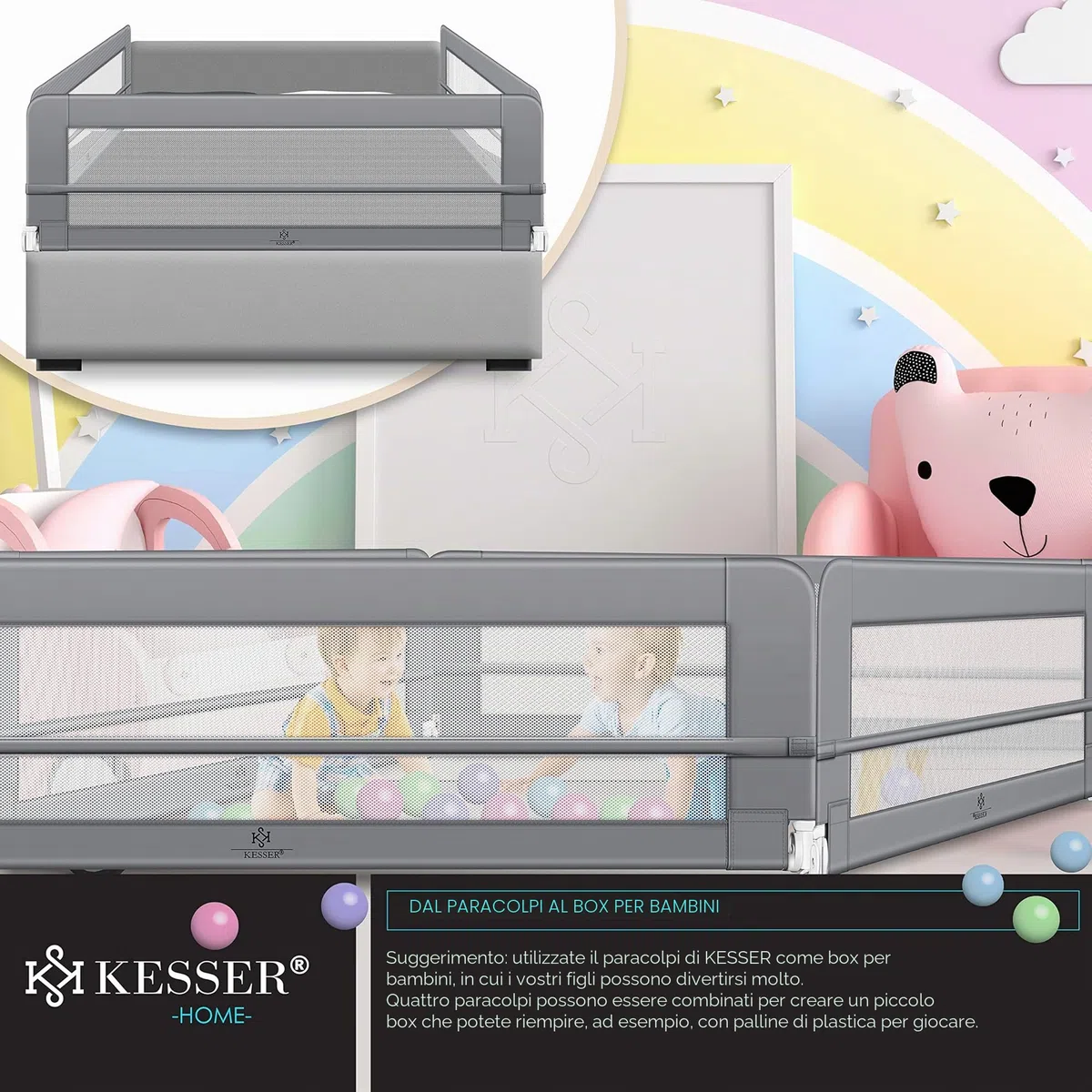 KESSER® Sponda da letto Protezione per letto Sponda da letto bambini Sponda da culla Barriera letto per bambini, Grigio chiaro - 180cm