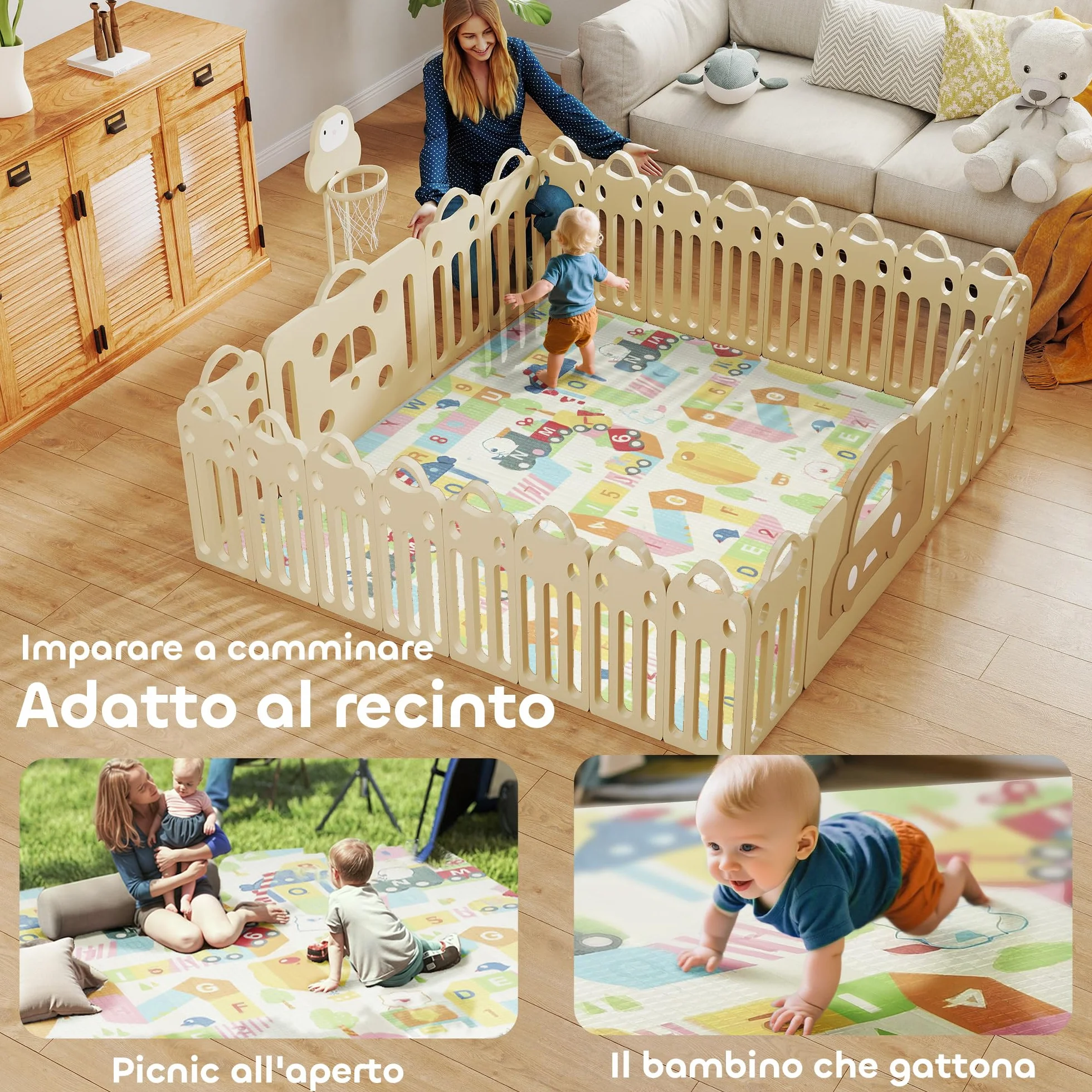 AIYAPLAY Tappeto per Bambini 0-3 Anni con Bordi Cuciti, Lettere dell'Alfabeto e Superficie Impermeabile, Tappeto Gattonamento in XPE e PE, 200x180x1.5 cm, Multicolore