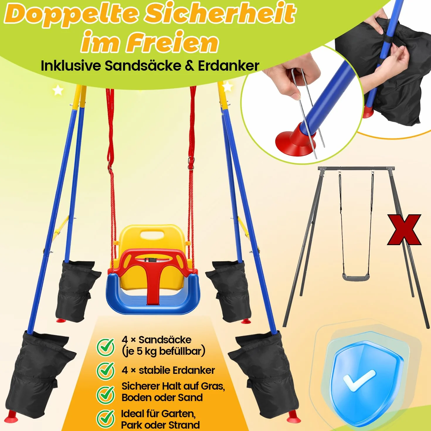 Altalena per bambini 4 in 1, con telaio – Altalena per bambini, con cintura di sicurezza, pieghevole e 4 sacchi di sabbia, per interni ed esterni, facile da montare