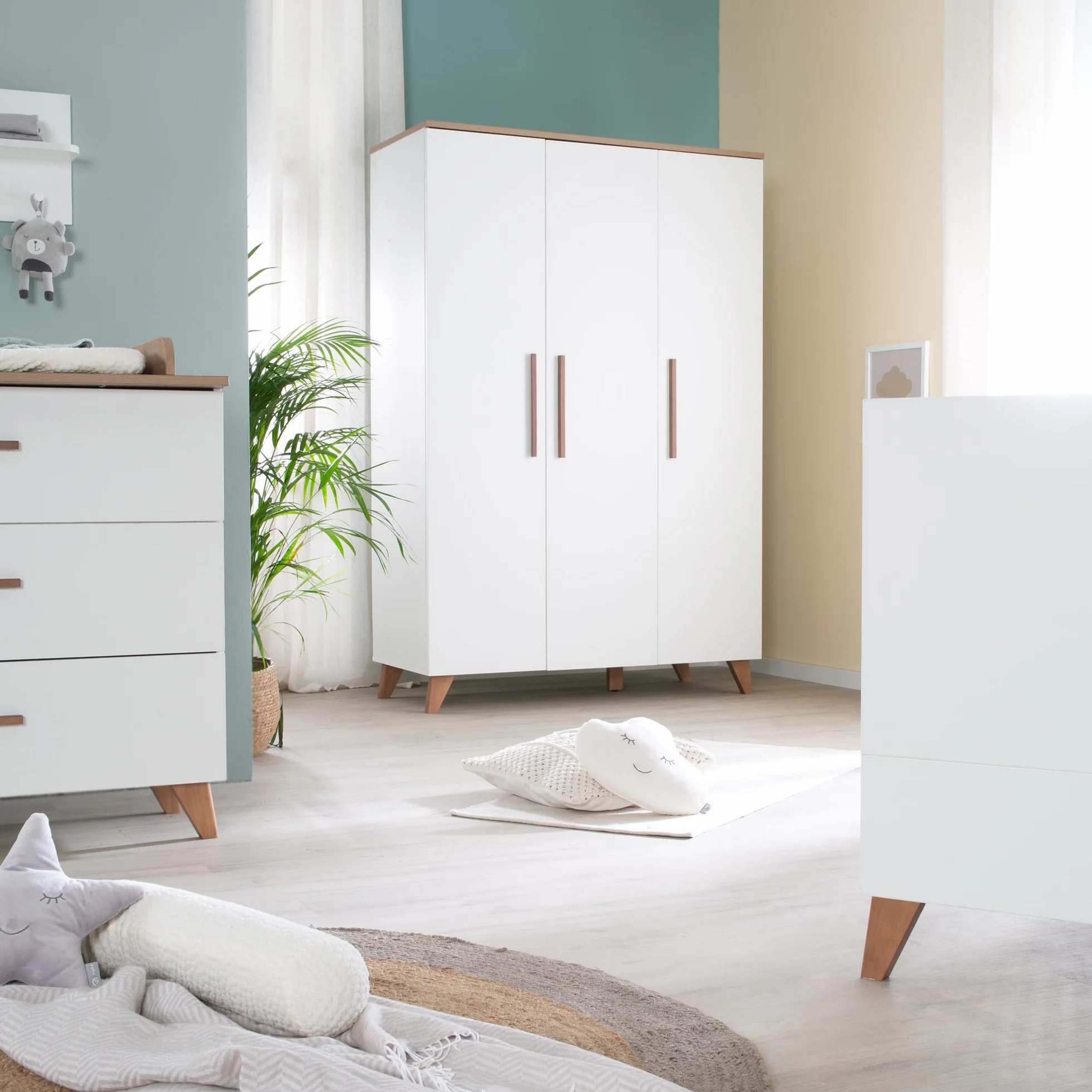 roba Set per cameretta bambini 3 pezzi Lettino 70x140 cm convertibile fasciatoio 3 cassetti armadio bambini Maniglie piedi legno massello Bianco rovere scuro