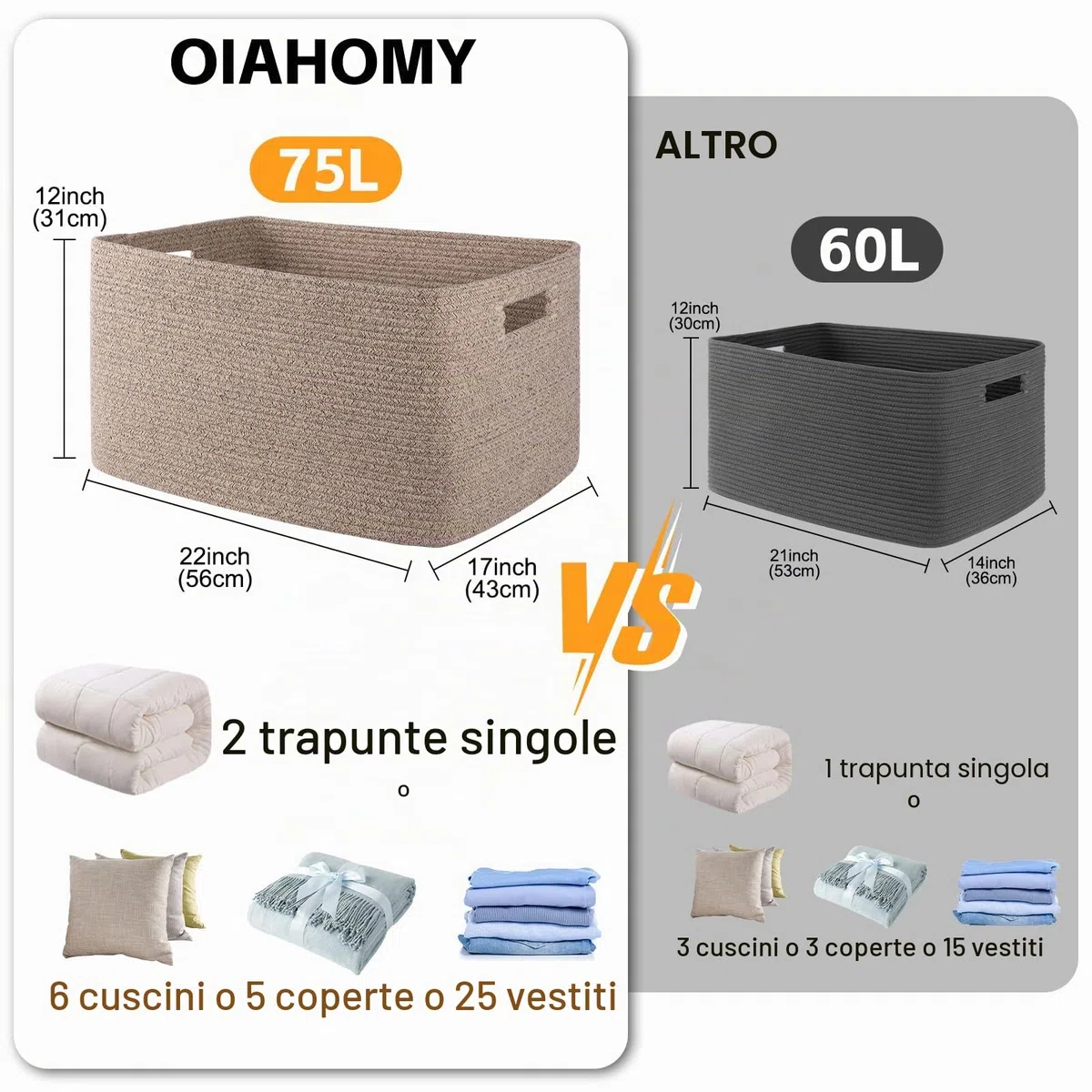 OIAHOMY, Grande cesto portaoggetti per coperte, 75 l, con manico, in corda di cotone per organizzare 55,9 x 43,2 x 30,5 cm, cestino per coperte, soggiorno, cestino per giocattoli per asilo, marrone