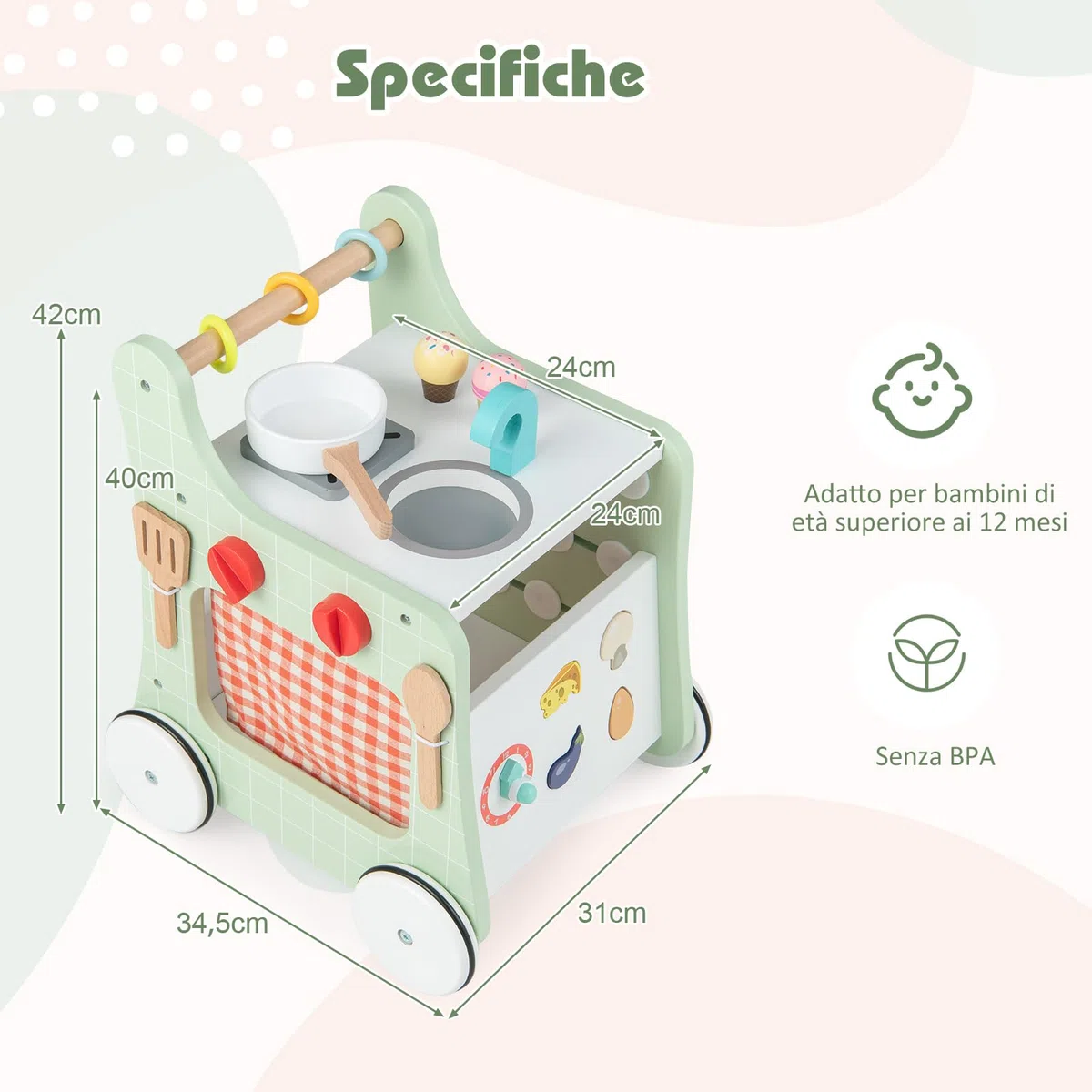 COSTWAY Carrello Primi Passi in Legno per Bambini, Centro Attività Montessori con Giacattoli, Gioco Educativo con Ruote, Girello per Bambini 12 Mesi +, 31 x 34,5 x 42 cm (Verde)