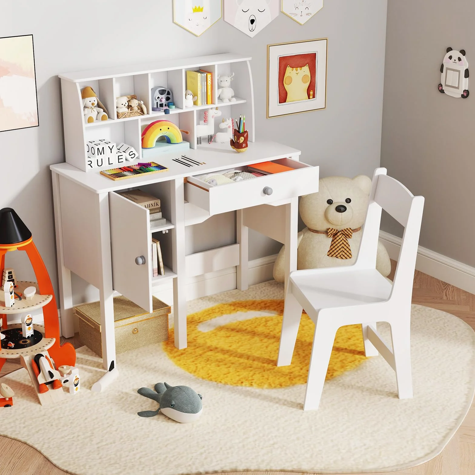 RELAX4LIFE Set Tavolo e Sedia per Bambini, Scrivania da Studio con Scaffale e Armadio, Bianco