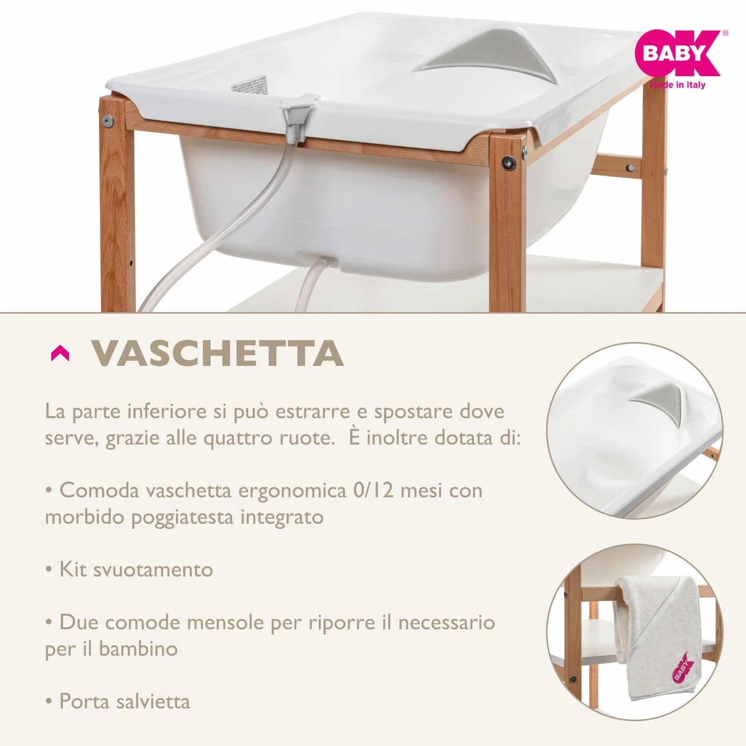 OKBABY Woody - Fasciatoio in Legno con Vaschetta Ergonomica e Ruote, Completo di Materassino Soffice per il Cambio del Neonato - 0-12 Mesi (11kg) - Bianco