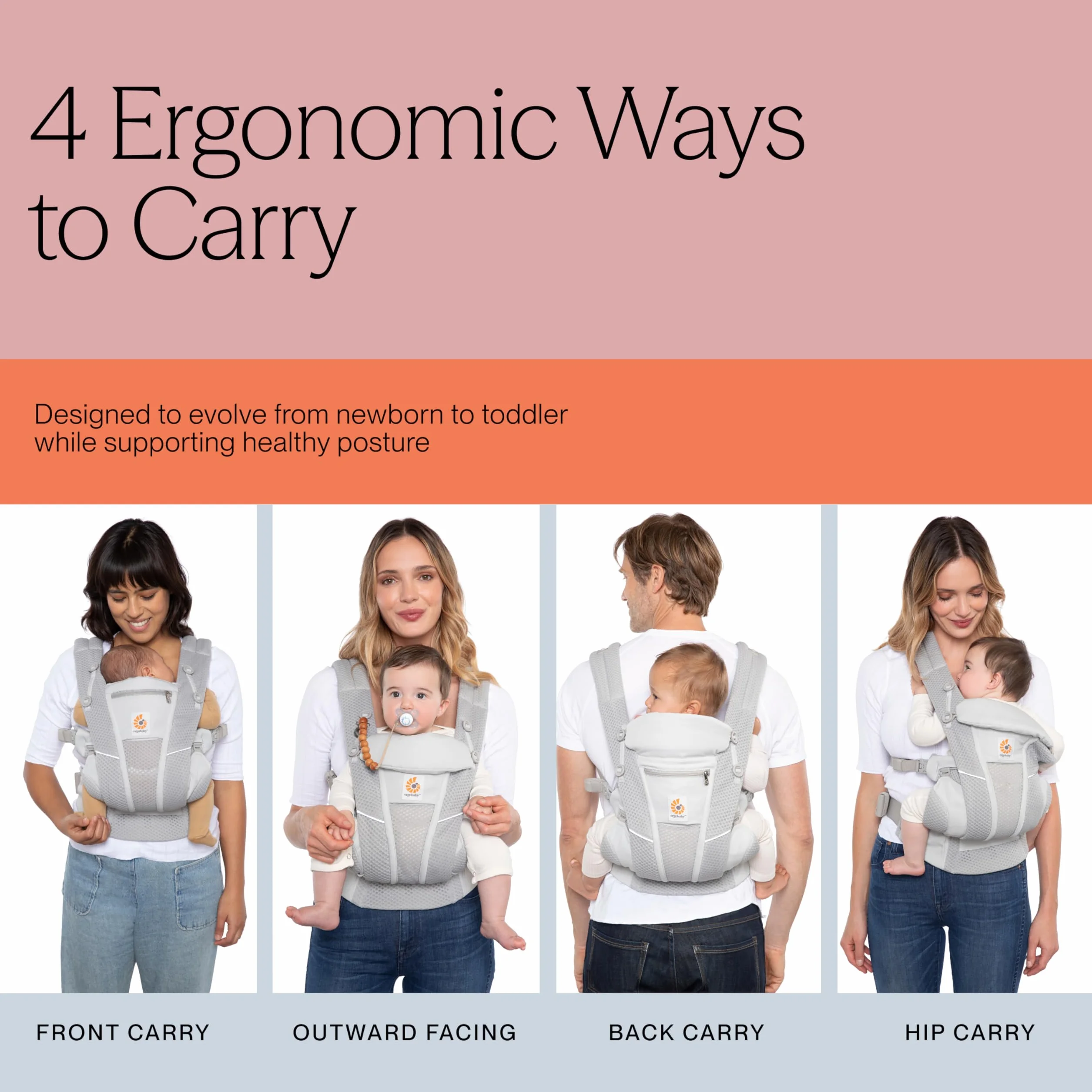 Marsupio Ergobaby Omni Breeze per neonati, 4 posizioni SoftFlex Mesh marsupio anteriore ergonomico marsupio posteriore per neonati (Pearl Grey)
