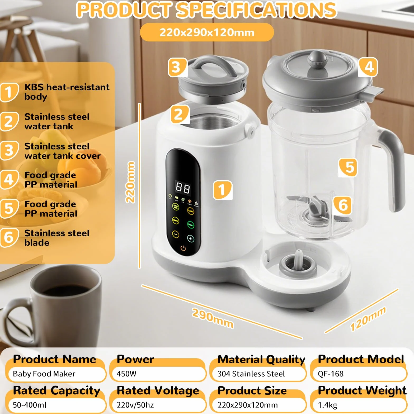 Cuocipappa Multifunzione per Bambini 400 ml Frullatore e Sterilizzatore