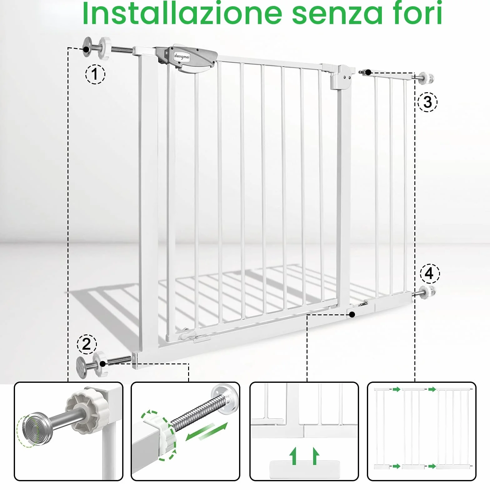 Cancelletto di protezione per porte in metallo, largo 105-115 cm, chiusura automatica, bianco
