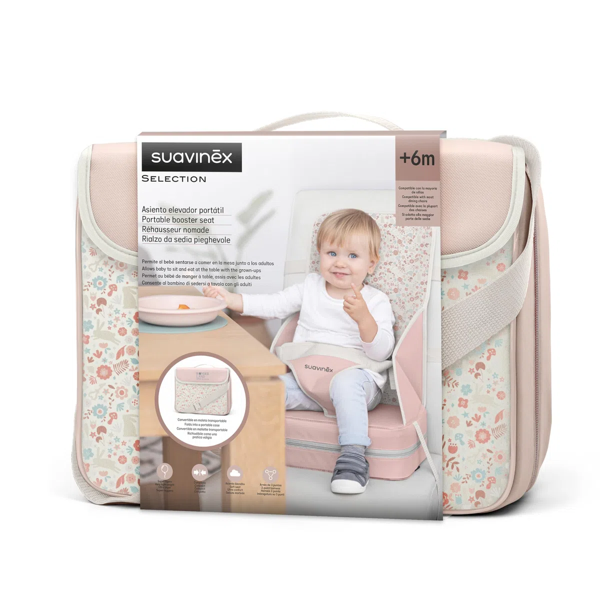 Suavinex, Rialzo sedia portatile per Bimbi +6 Mesi, Rialzo sedia per la pappa,Trasformabile in Borsa, Facile da Pulire, Leggero, con Tracolla, Comodo, Morbido e con Schienale, Rosa