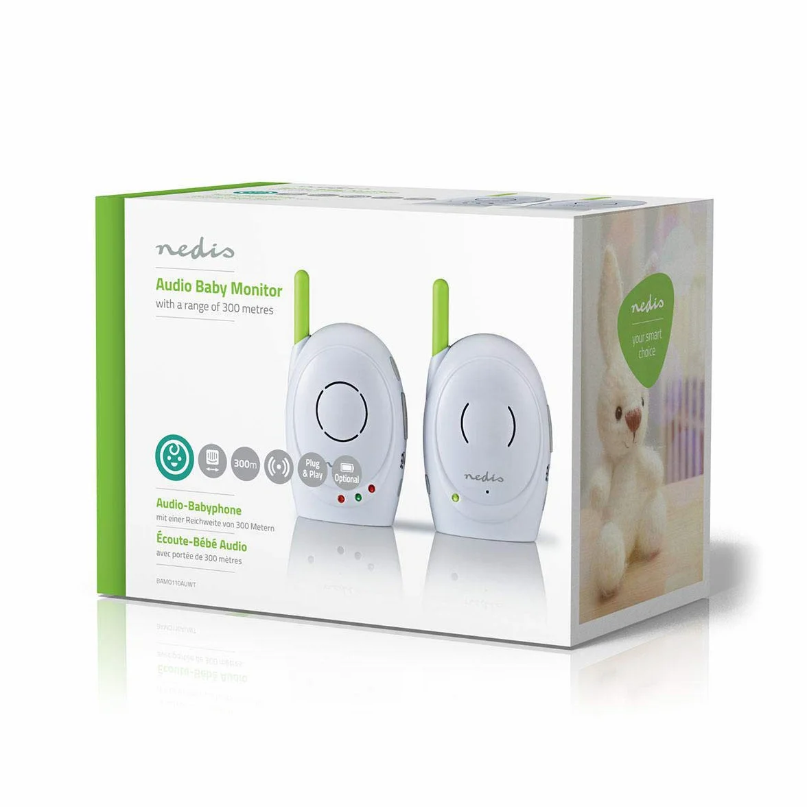 Nedis Audio Baby Monitor - Telefoni wireless per bambini con interfono, portata 300 m, Set di 2, Verde/Bianco