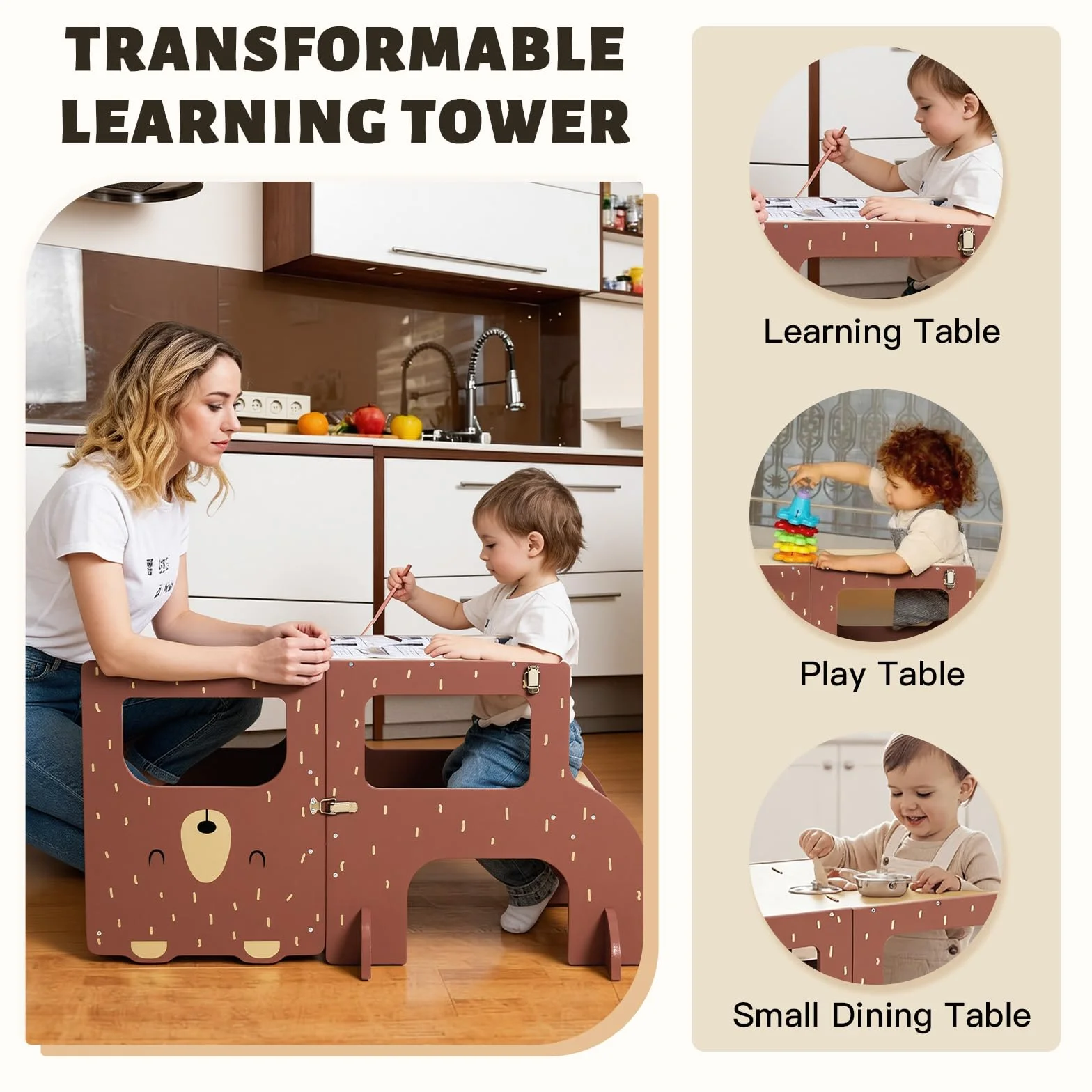 Labebe Torre Montessoriana Pieghevole in Legno Grandi Dimensioni 3 in 1 con Lavagna Orso Bruno