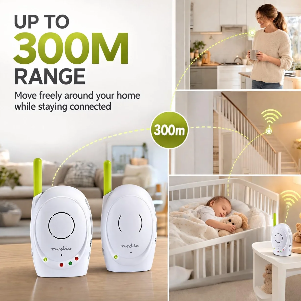Nedis Audio Baby Monitor - Telefoni wireless per bambini con interfono, portata 300 m, Set di 2, Verde/Bianco