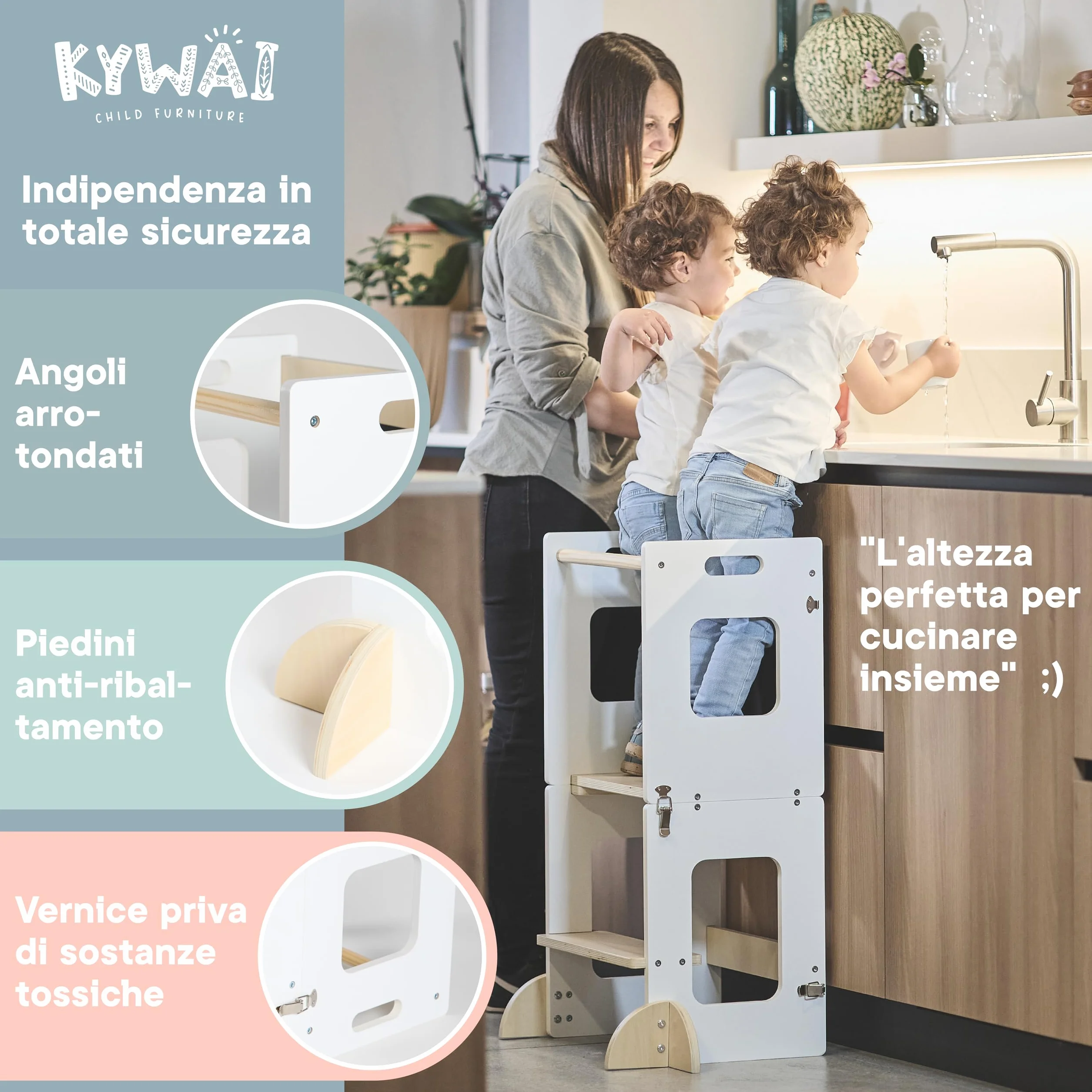 Torre Montessoriana Bambini 3 in 1 con Lavagna e Gambe di Sicurezza Scrivania Pieghevole Legno Sostenibile