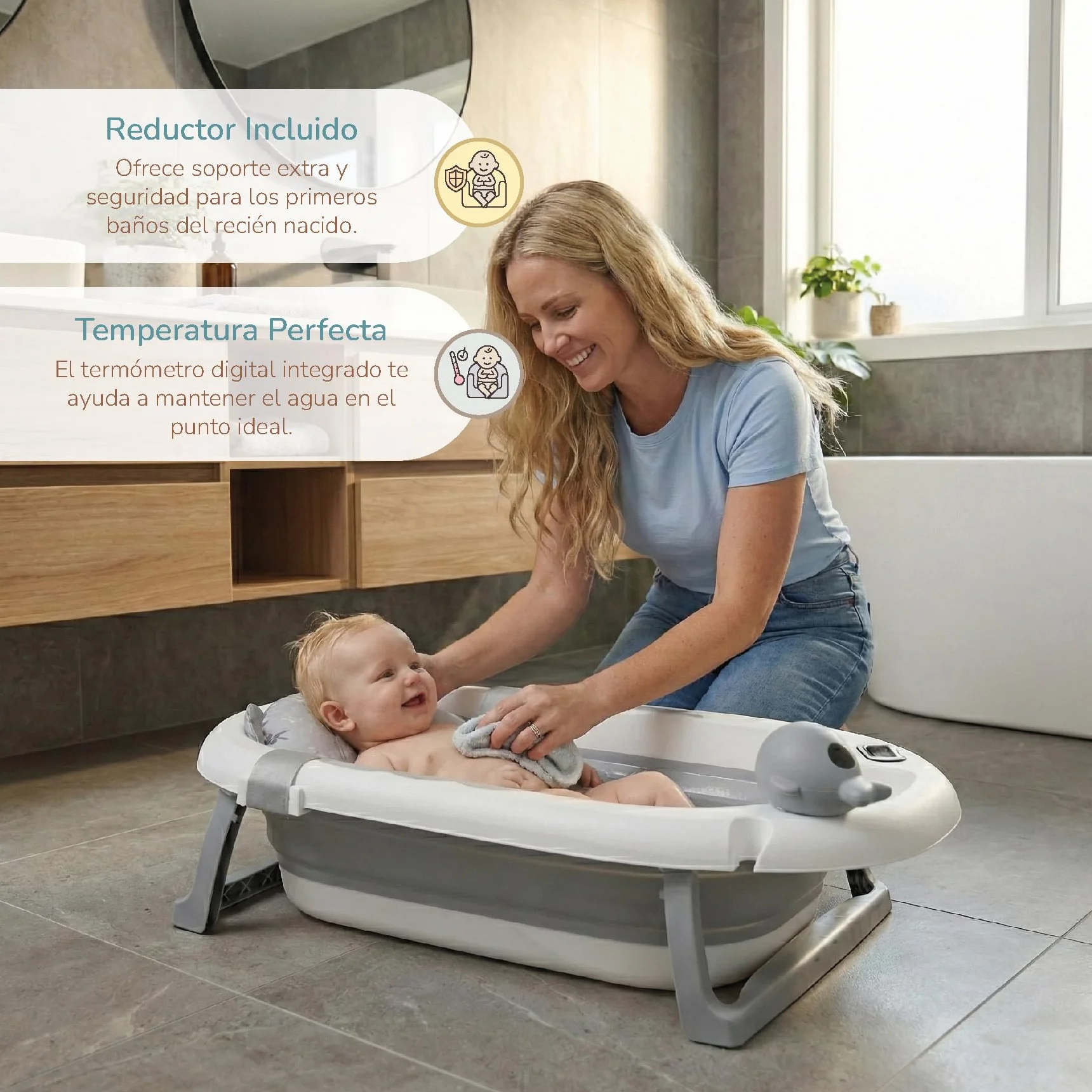 Buddy Baby - Vasca pieghevole BebéSplash con temperatura - Da 0 mesi - Cuscino riduttore rimovibile - Base antiscivolo - Tappo di scarico - Design compatto e portatile - Annaffiatoio balena