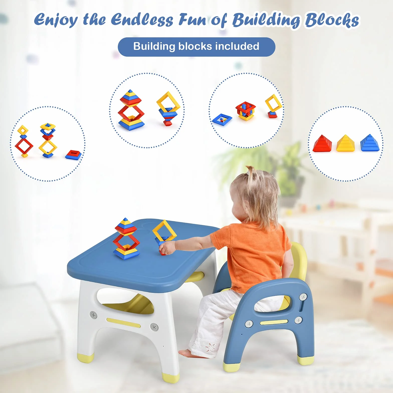 RELAX4LIFE Set Tavolo e Sedia per Bambini, Sedia a Forma di Dinosauro, Inclusi 3 Set di Costruzioni, Carico 30 kg (Blu)