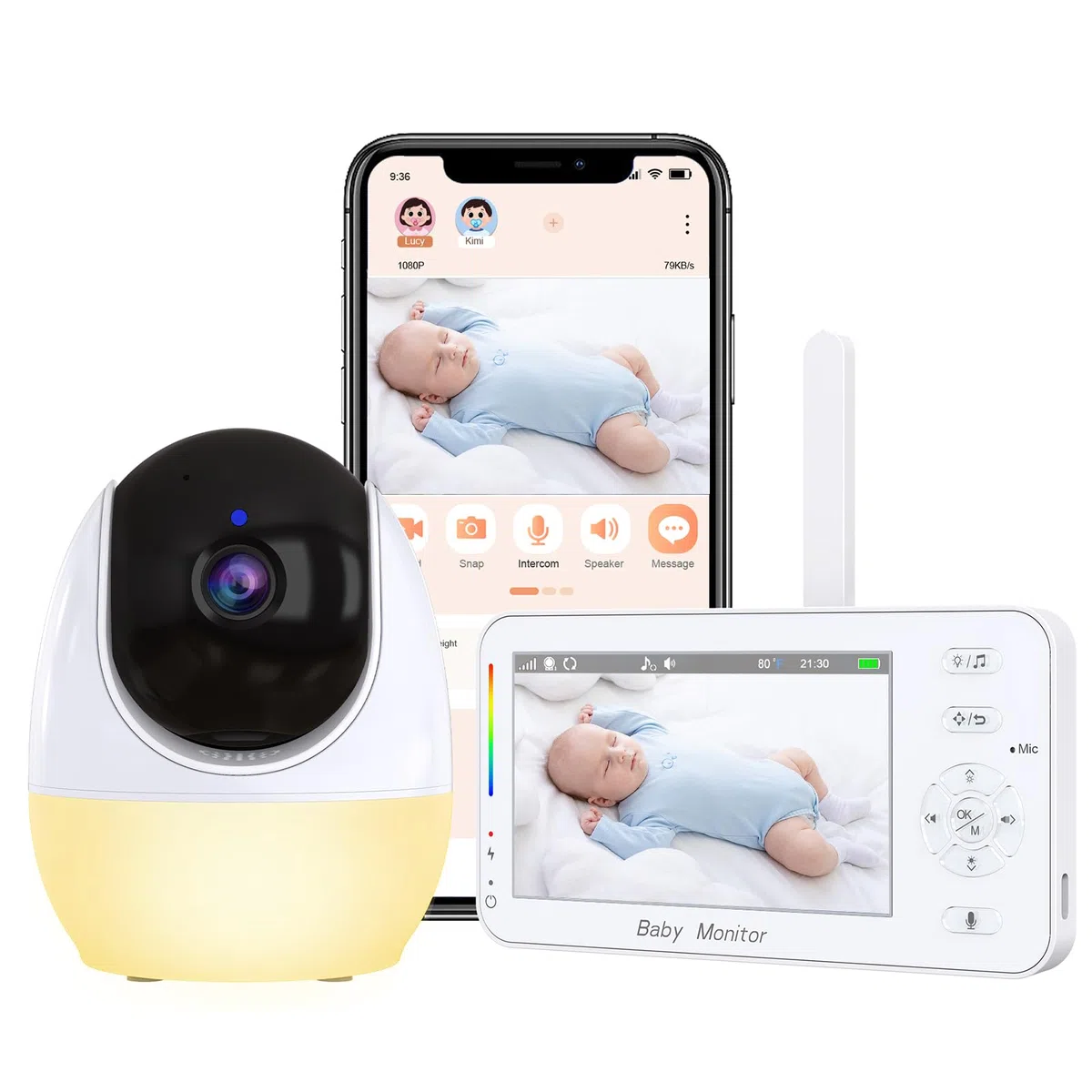 Baby monitor WiFi con fotocamera e audio, baby monitor portatile da 4,3 pollici 1080p HD, luce notturna, visione notturna, sensore di temperatura, portata di 300 m, conversazione a 2 vie, 8
