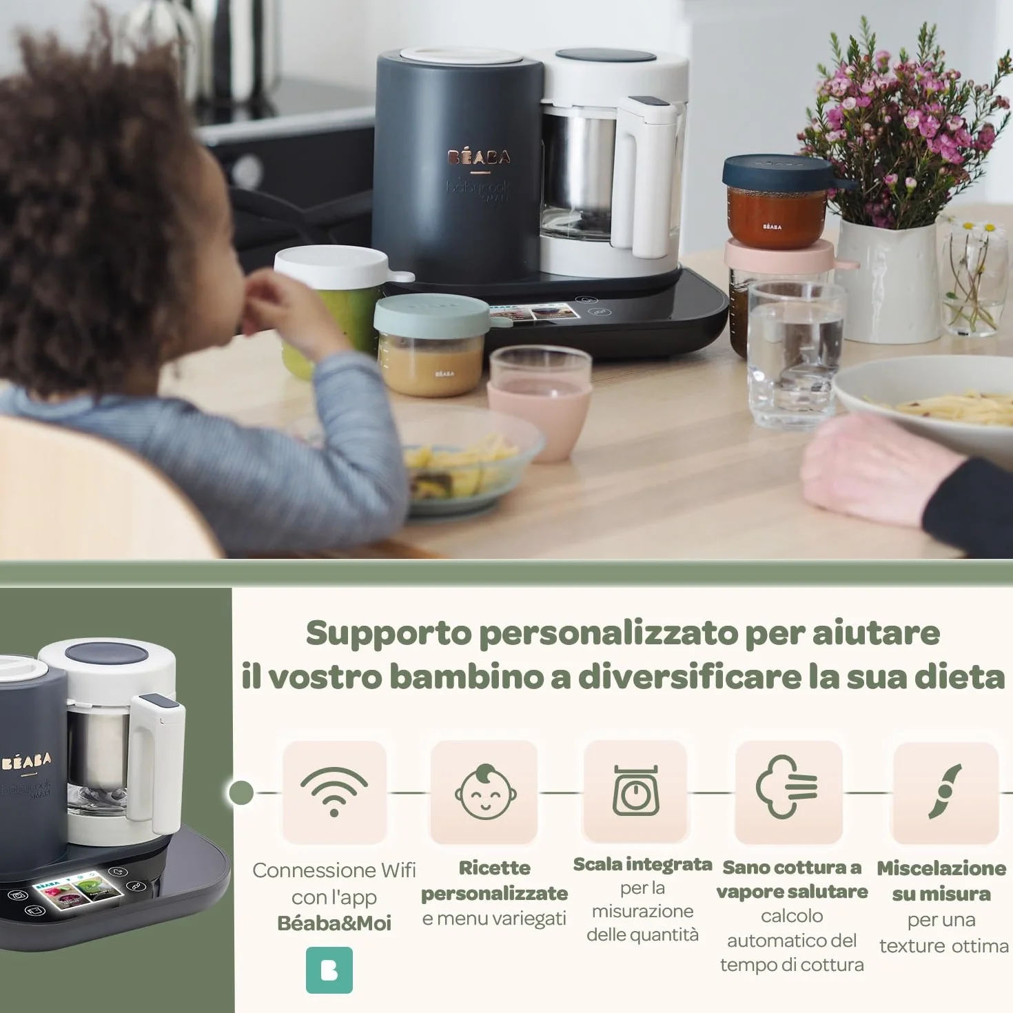 BÉABA BabycookSmart, Cuoci Pappa per Bambini, Bilancia, Ciotola in Vetro, Cestino Acciaio Inox, 2.25 L, Cottura Vapore, Schermo Tattile, Antracite