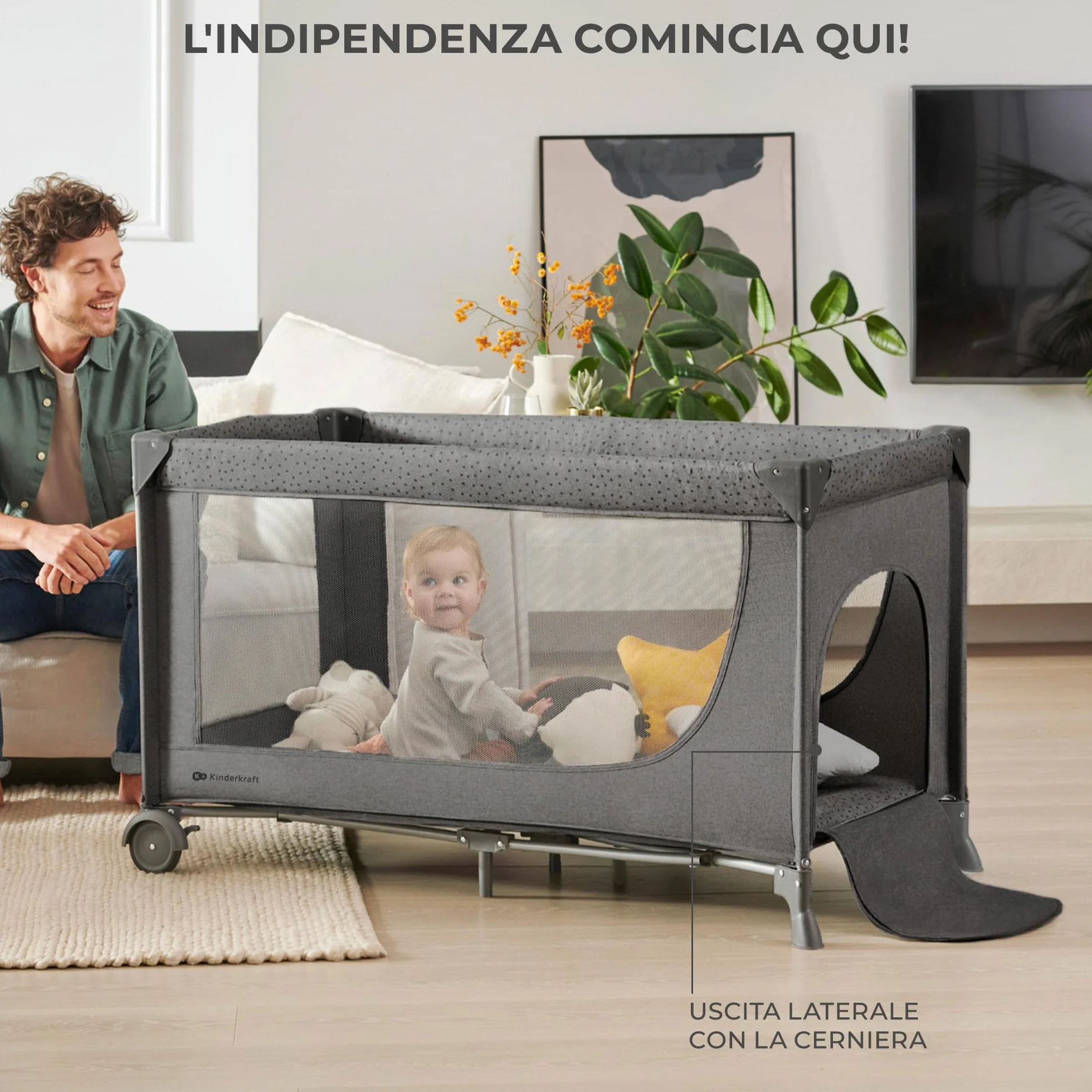 Kinderkraft JOY 2 ACC, 3 in 1 Travel Crib, Baby Travel Cot, Foldable, Grey