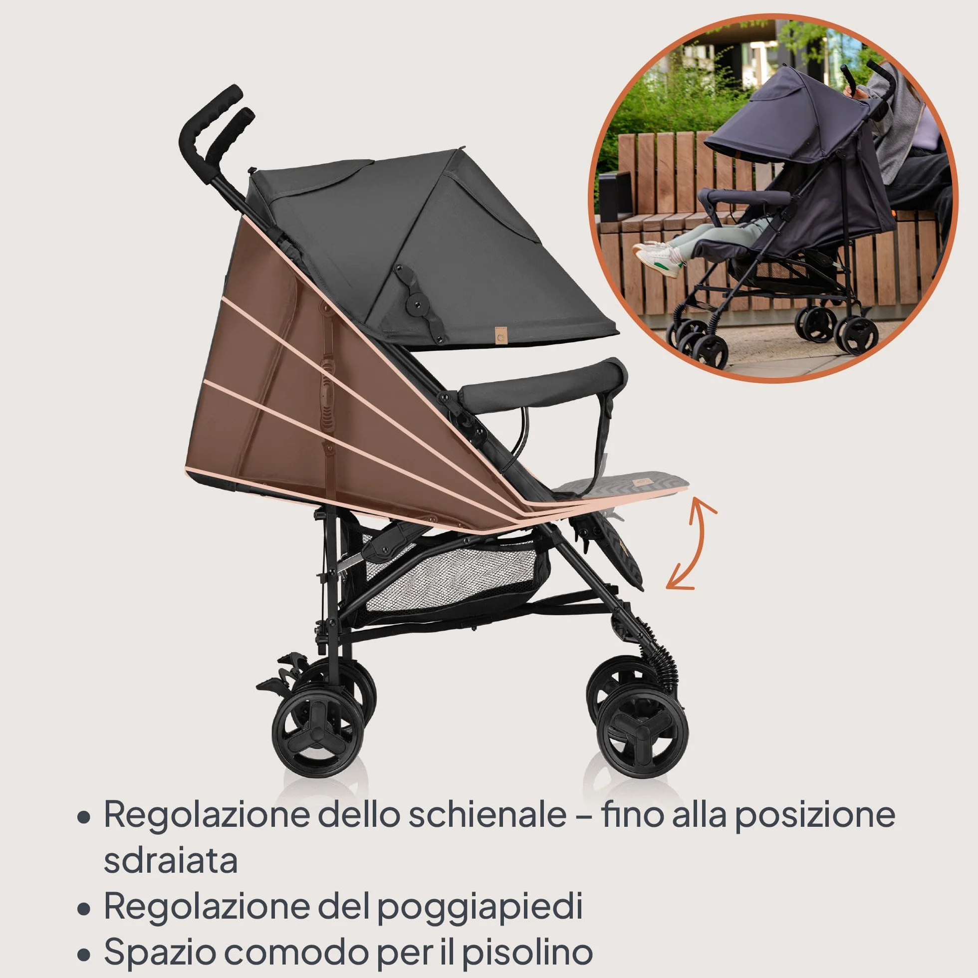 LIONELO Elia Passeggino Leggero Pieghevole 6 mesi 15kg Schienale Regolabile Sdraiata Cinture 5 Punti Cesta Cappottina