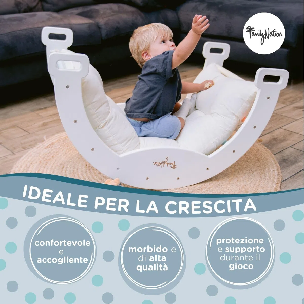 Family Nation, Cuscino per Arco Montessoriano Rainbow da Arrampicata, per Bambini da 6 Mesi di Età, in Lana di Peluche, Lavabile in Lavatrice, 94x44x8 cm