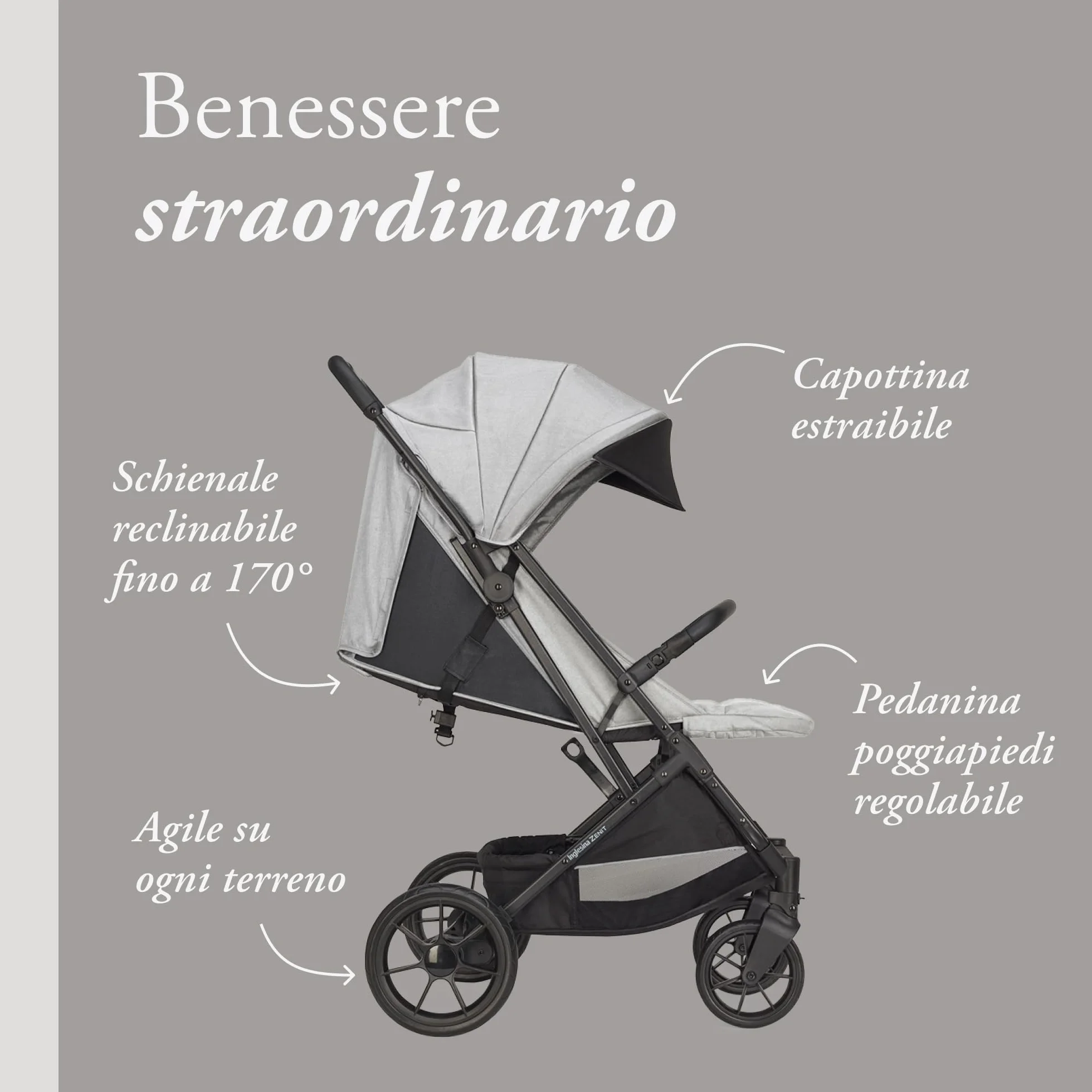 Inglesina Zenit Passeggino Compatto Grigio, Fino a 22kg, Ruote con Sospensioni, Seduta Ampia