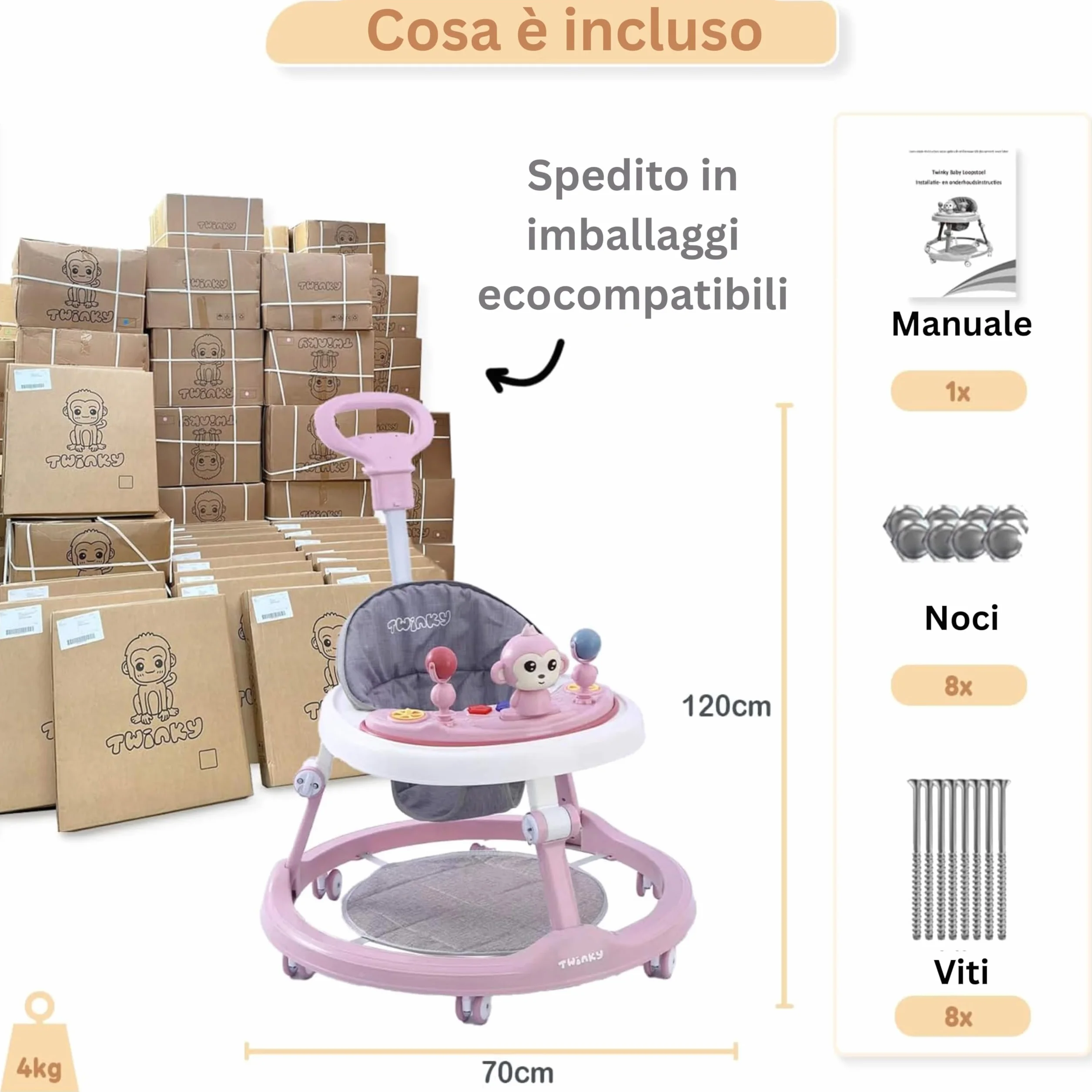 Twinky Girello Neonato 6-12 Mesi – Girello Regolabile e Sicuro per Bambini 6-18 Mesi | Design Pieghevole, Giochi Interattivi e Ruote Silenziose