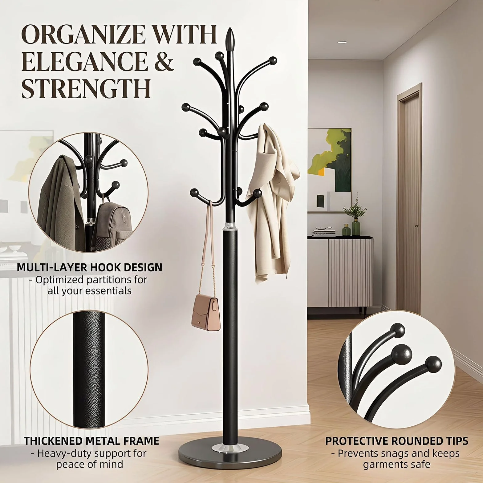 Appendiabiti da Terra Metallo Design Albero Base in Marmo 6 Ganci Stabile