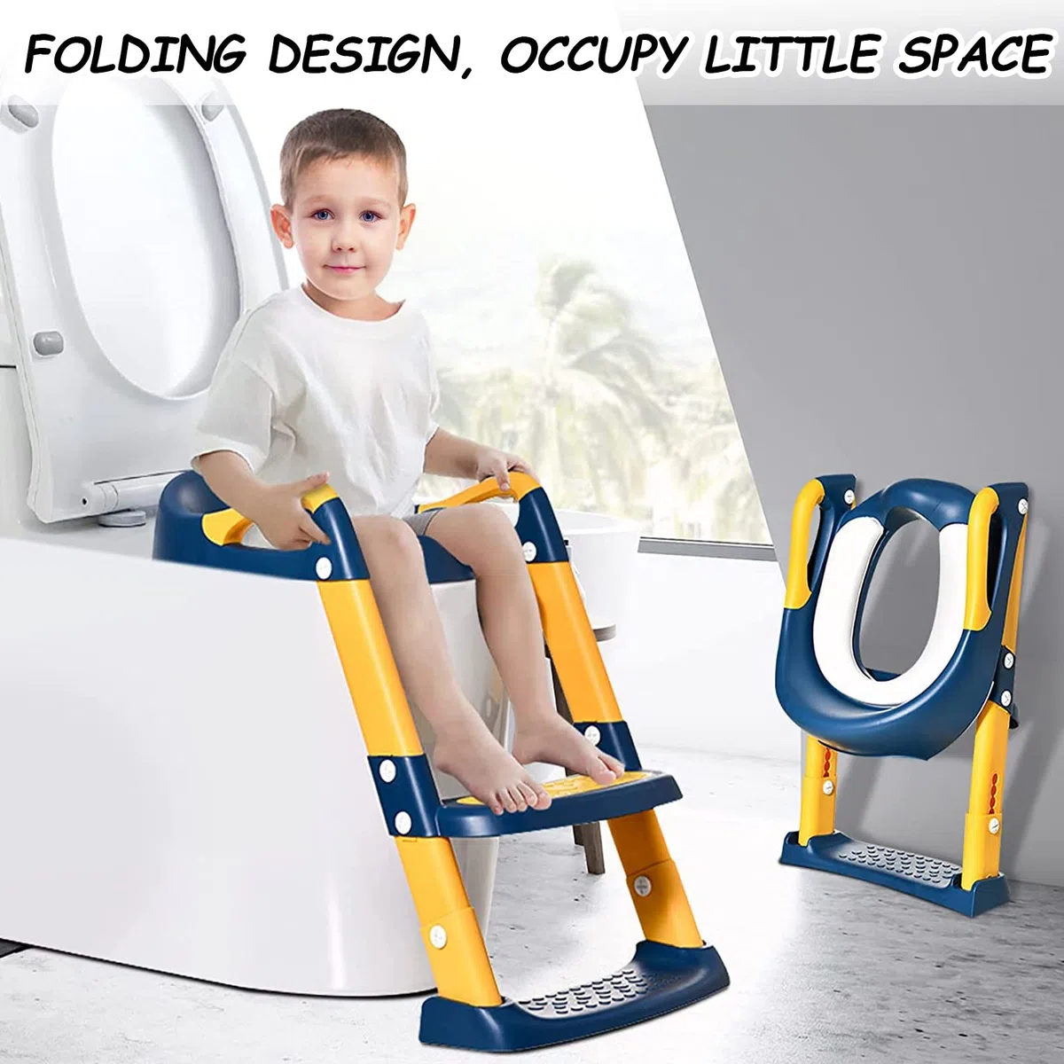 Sedile Riduttore WC per Bambini, Riduttore Water Bambini Regolabile, Toilet Ladder Seat, Pieghevole Training WC Vasino Sedile, Vasino Pieghevole Allenatore WC Scala con Pedali Paraspruzzi Cuscino