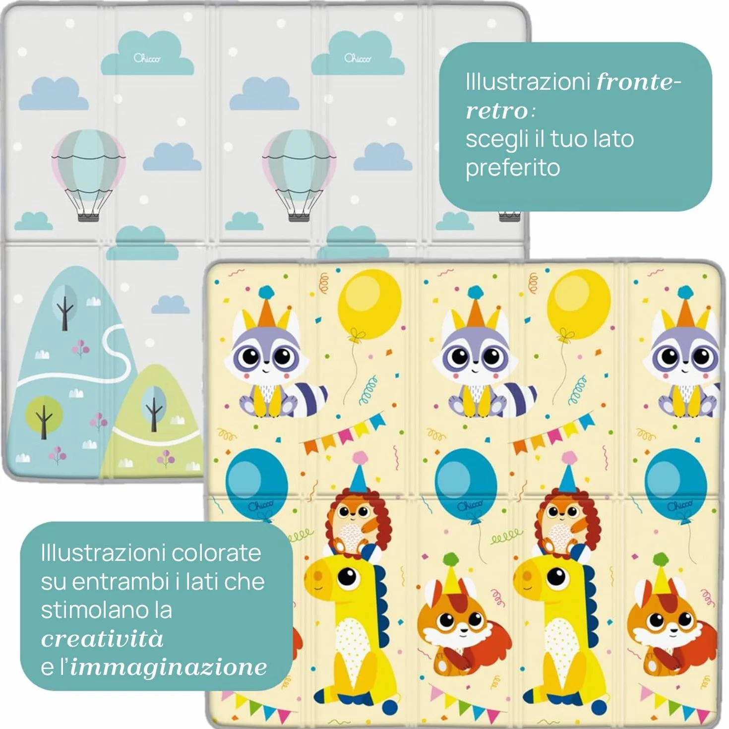 Chicco Tappeto Gioco 2in1 200x180 cm Extra Spessore 1.3 cm Double Face Animali Paesaggio Neonato 0M+