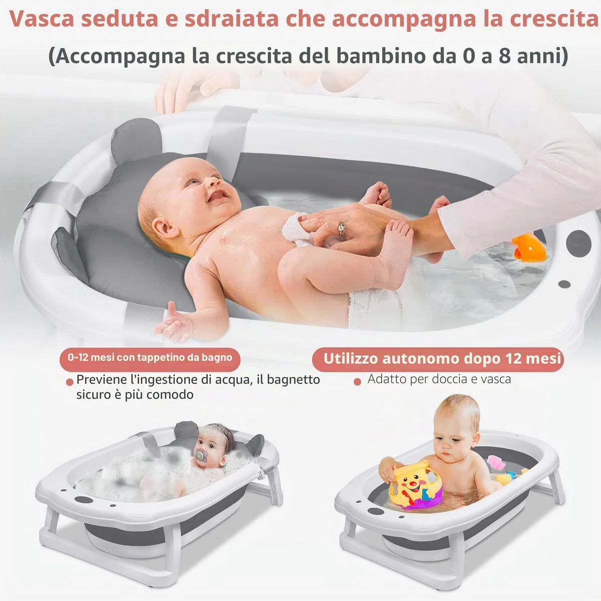 Froadp Vasca da bagno pieghevole per neonati con fori di scarico e poggiapiedi antiscivolo, navicella ergonomica per neonati (antracite, con cuscino)