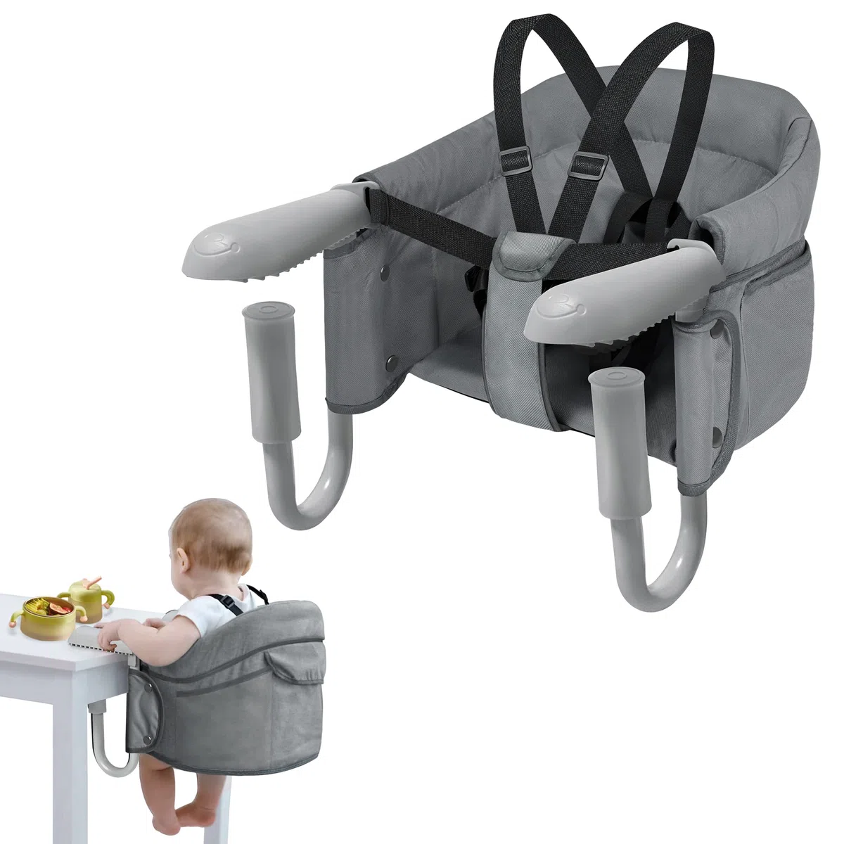 Aufun seggiolino da tavolo pieghevole per bambini, seggiolino con morsetti antiscivolo, schienale ergonomico, cintura di sicurezza, seggiolone da viaggio per bambini a casa e in viaggio (grigio)