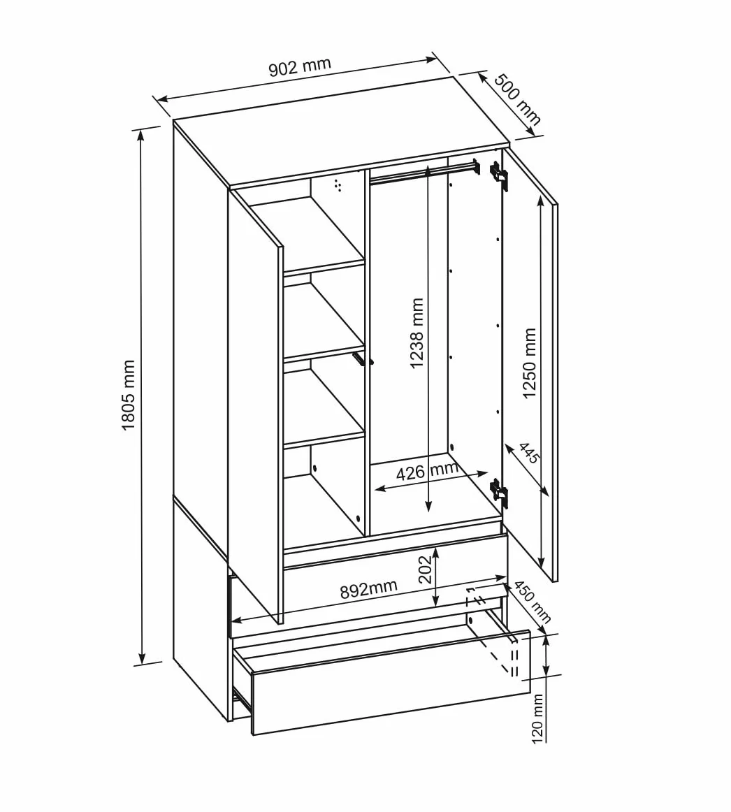 Meble Masztalerz Armadio Cameretta da Letto con 2 Cassetti 90 cm Bianco 180x90x50cm