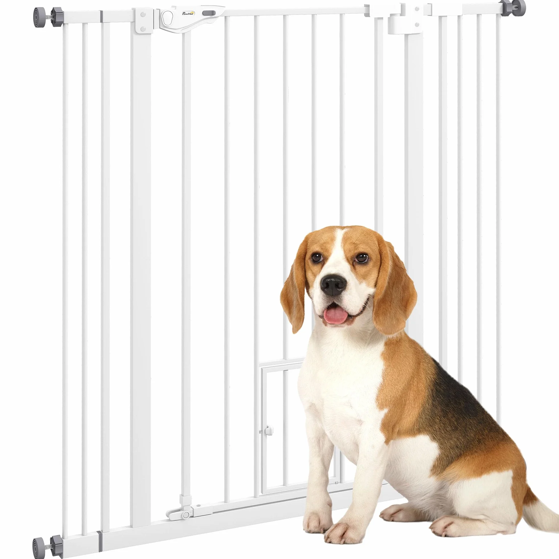 PawHut Cancellino per Cani Regolabile con Porta Piccola, Barriera con Chiusura Automatica, 74-101x104.1 cm, Bianco