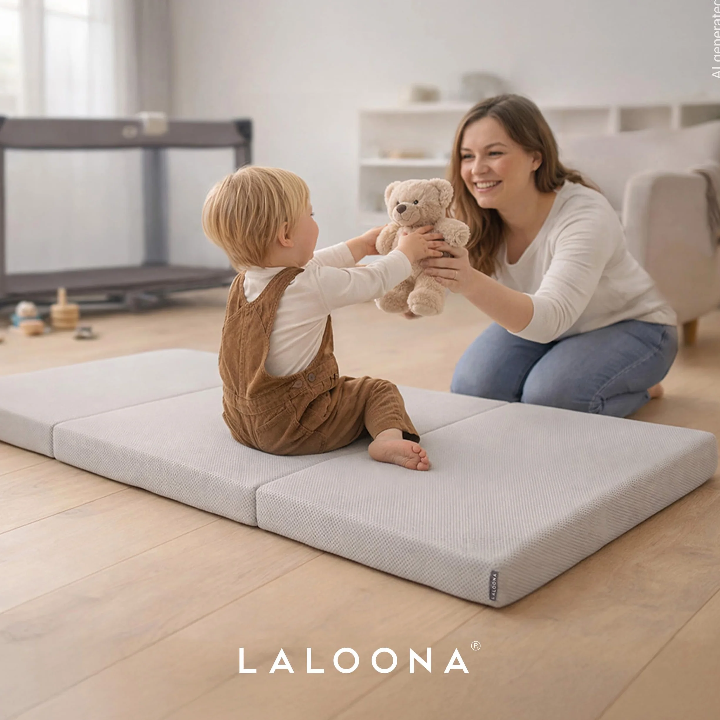 LaLoona Materassino da Viaggio 60x120 cm - Materasso Pieghevole Neonato 5 cm Spessore – con Fodera Sfoderabile - Borsa Trasporto - Traspirante - Lavabile - Certificato OEKO-TEX - Grigio