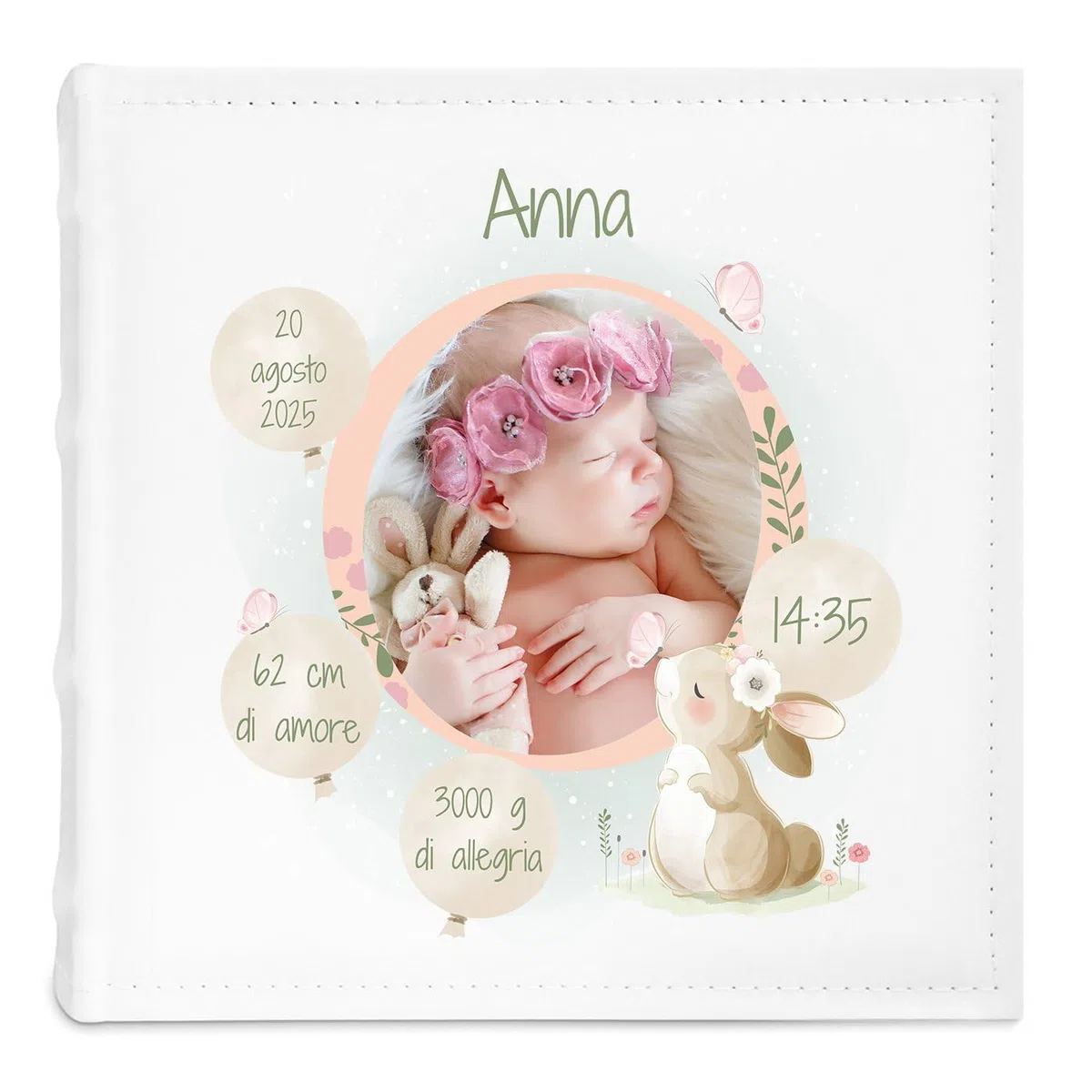 Maverton Album Fotografico Personalizzato - Album foto per neonata - Copertina in Pelle Sintetica Bianca Personalizzata con Stampa - 100 pagine - 200 foto 10x15 cm - regali neonata - Coniglio