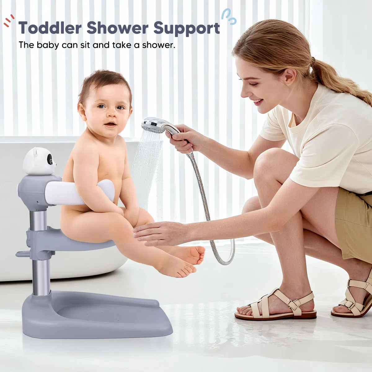 Vasca da bagno per bambini con supporto doccia, anti-schiacciamento, antiscivolo, torre doccia regolabile per bambini in piedi, supporto doccia ideale per neonati