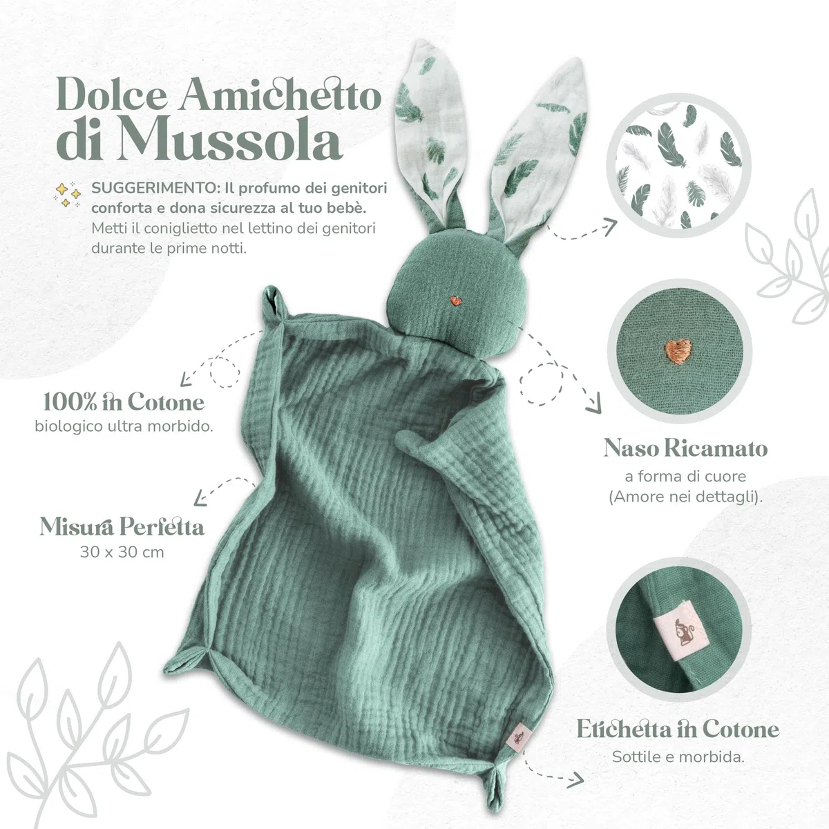 Mikito Set Neonato, Accessori Utili in Cotone Naturale Bio Mussola con Doudou, Massaggia Gengive, Bavaglino neonato. Unisex, Idea regalo maschio o femmina per baby shower, neo genitori