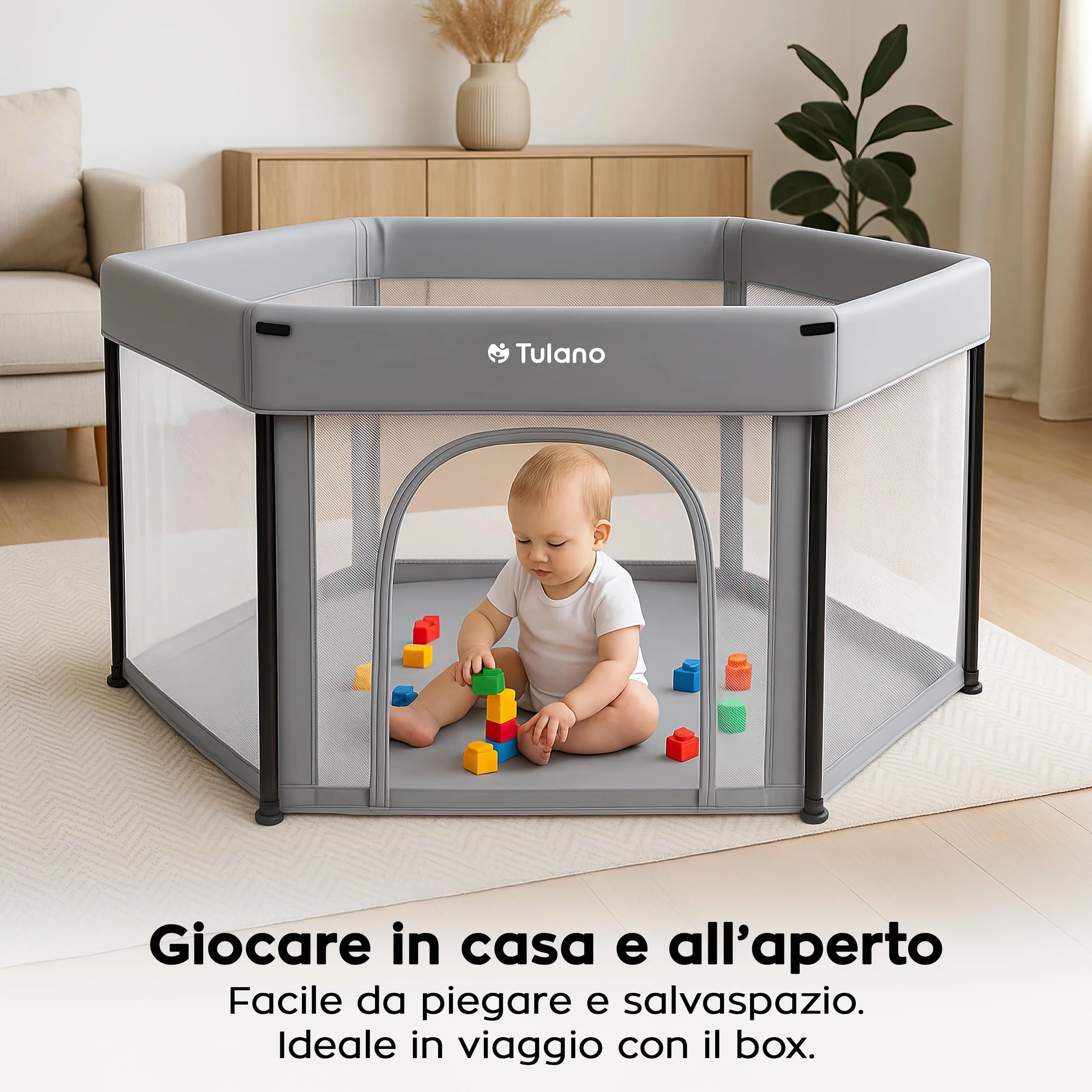 Tulano Cozy 30 Box per Bambini 125x125 cm – da 6 a 36 mesi – Recinto Neonato con Fondo – Struttura in Metallo – Rete Traspirante – Porta con Cerniera – Borsa Inclusa – Casa e Giardino – Grigio