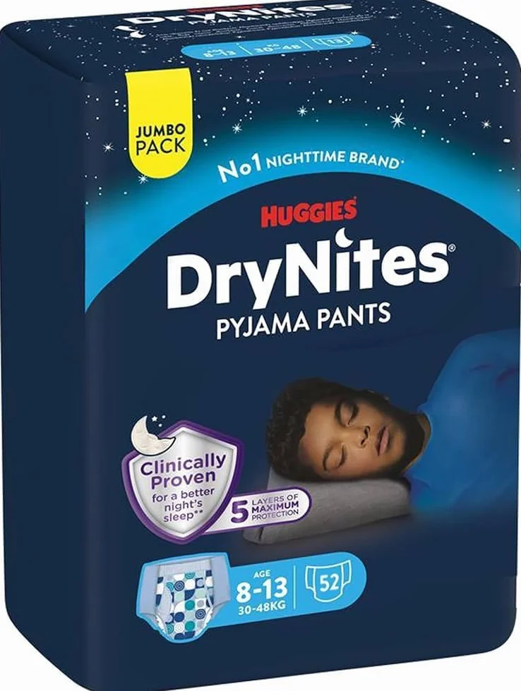 Huggies Drynites Pannolini, 8-13 anni (30-48 Kg), Mutandine assorbenti, 4 confezioni da 13 pz, totale 52 pz