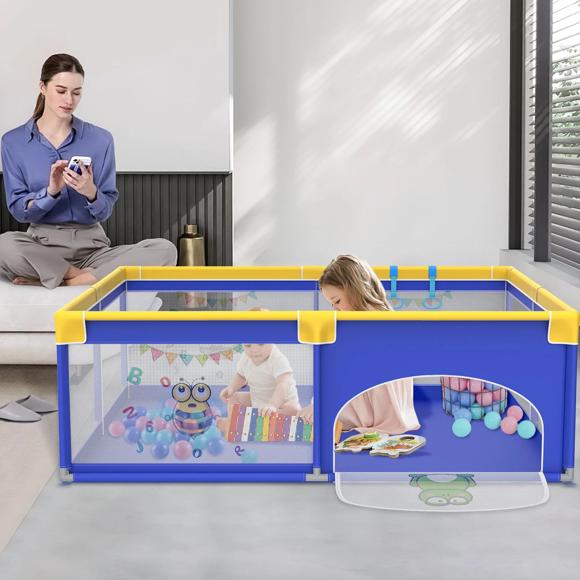 Aufun Box per Bambini, Tela 300D Oxford, con Schiuma Anti-Collisione, Griglia di Blocco, Rete Traspirante, Cerniera (Blu, 180x200x68 cm)