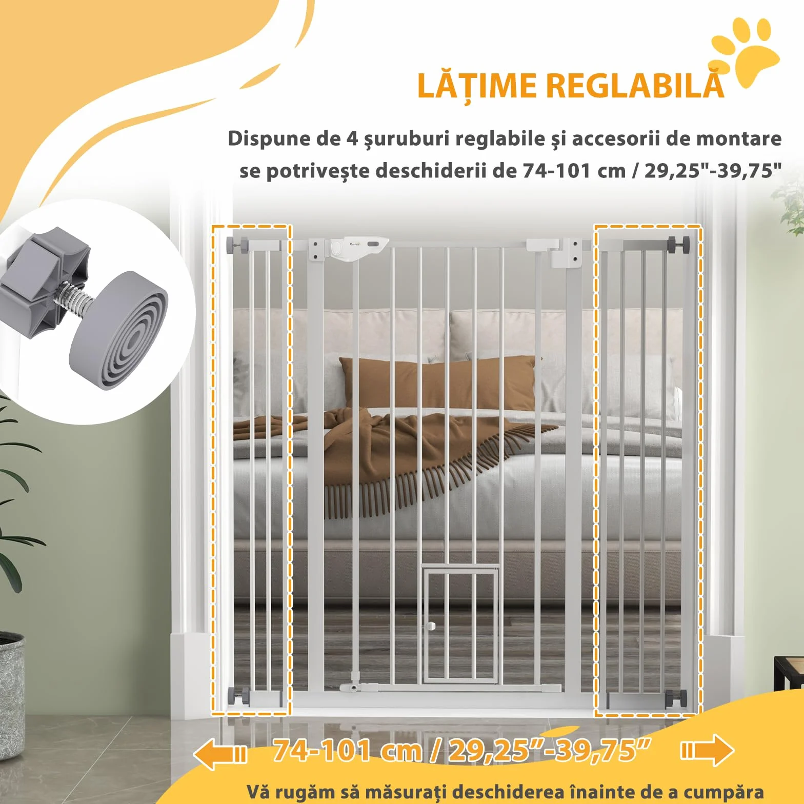 PawHut Cancellino per Cani Regolabile con Porta Piccola, Barriera con Chiusura Automatica, 74-101x104.1 cm, Bianco
