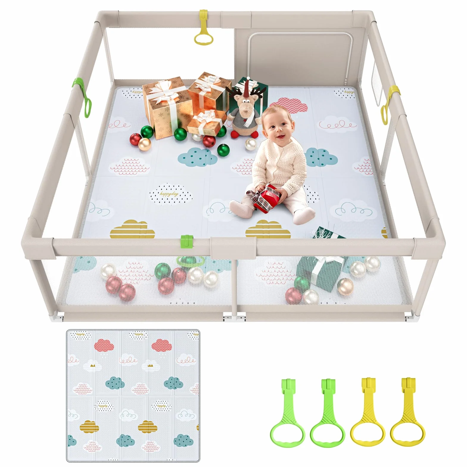Uanlauo 150 x 150 cm, box con tappetino da gioco, XXL per bambini, per interni ed esterni, area attività per bambini, con porta con cerniera e 4 anelli