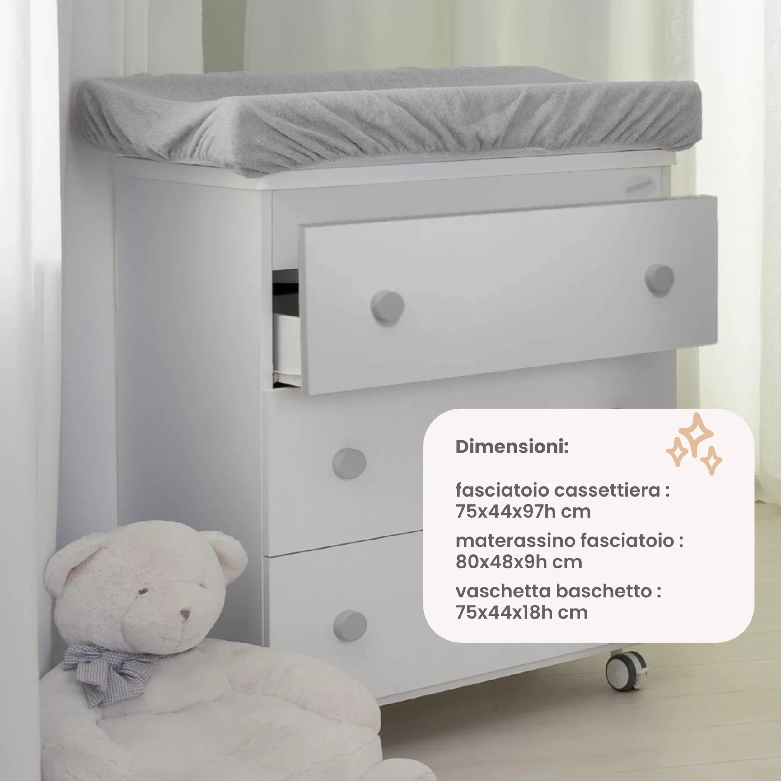 Fasciatoio Cassettiera Salvaspazio 3 Cassettoni Removibili con Vaschetta Bagnetto e Materassino Anticaduta 80x97x44 cm Grigio
