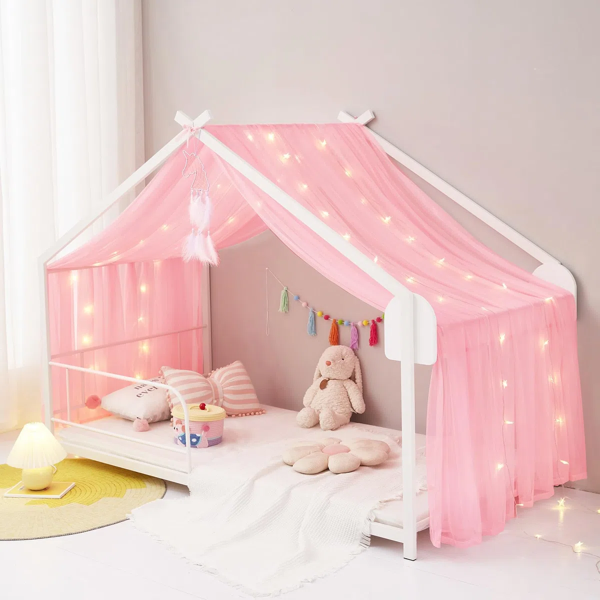 ZIQINPSQ Tenda a baldacchino per letto per ragazze e ragazzi, sciarpa per letto singolo, decorazione per letto singolo, matrimoniale, colore rosa