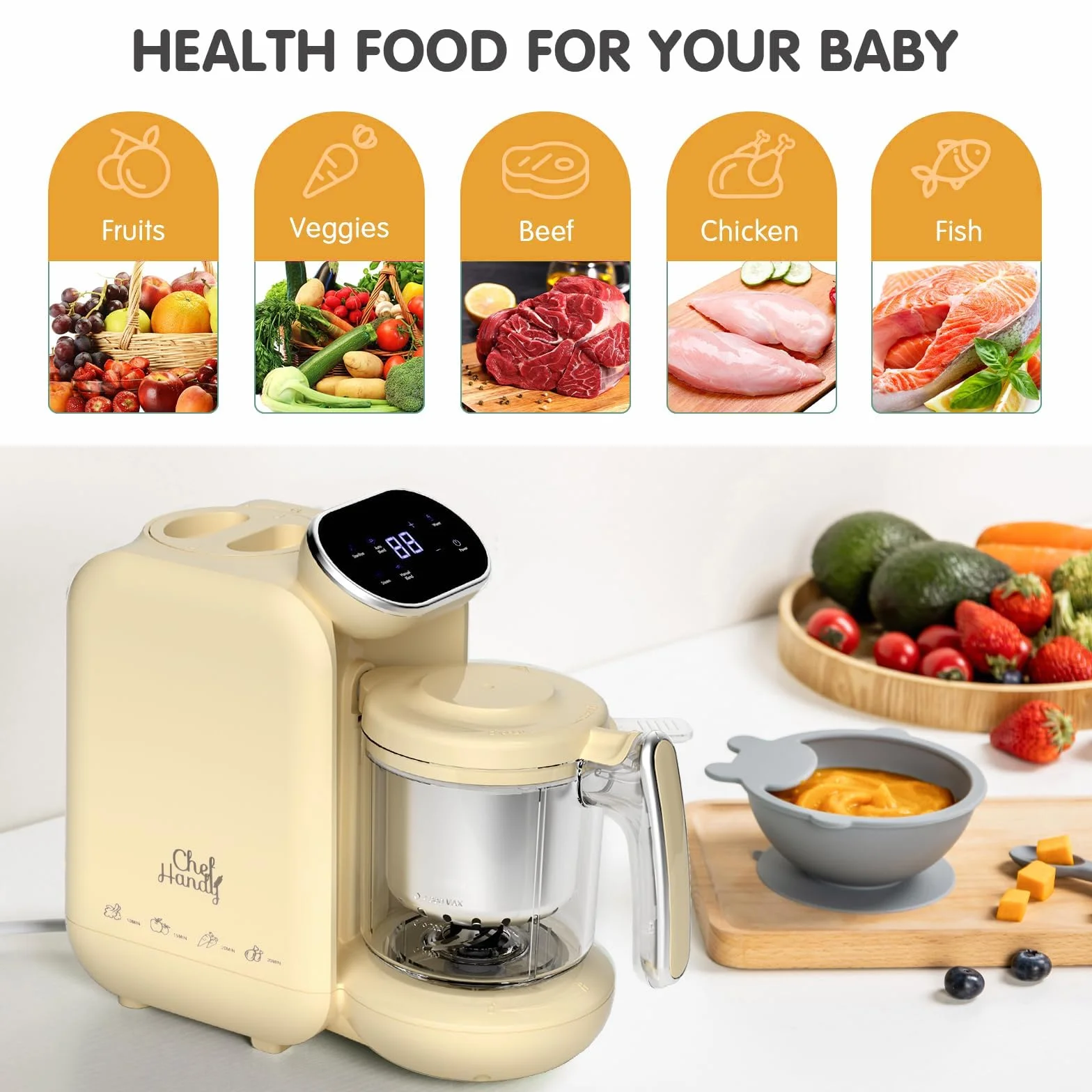 Cuocipappa Multifunzione 5 in 1 per Neonati, Cuocivapore Frullatore, Grande Capacità, Giallo